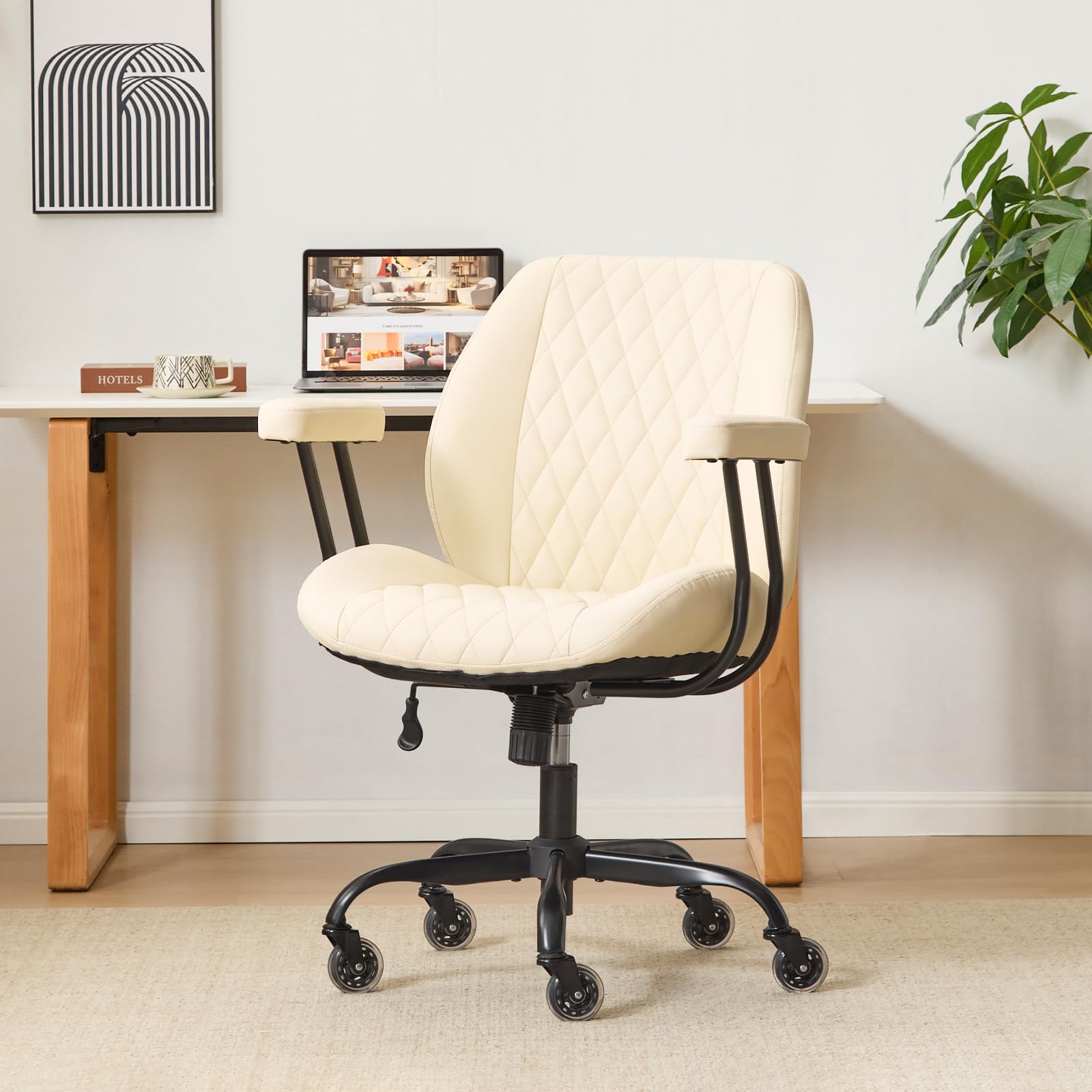 YFO Home Office Desk Chair Office Rubber Casters Ergonomic Computer Chair with Lumbar Support Adjustable Height Rolling Swivel Executive Task Armrests Chair， Brown Leather