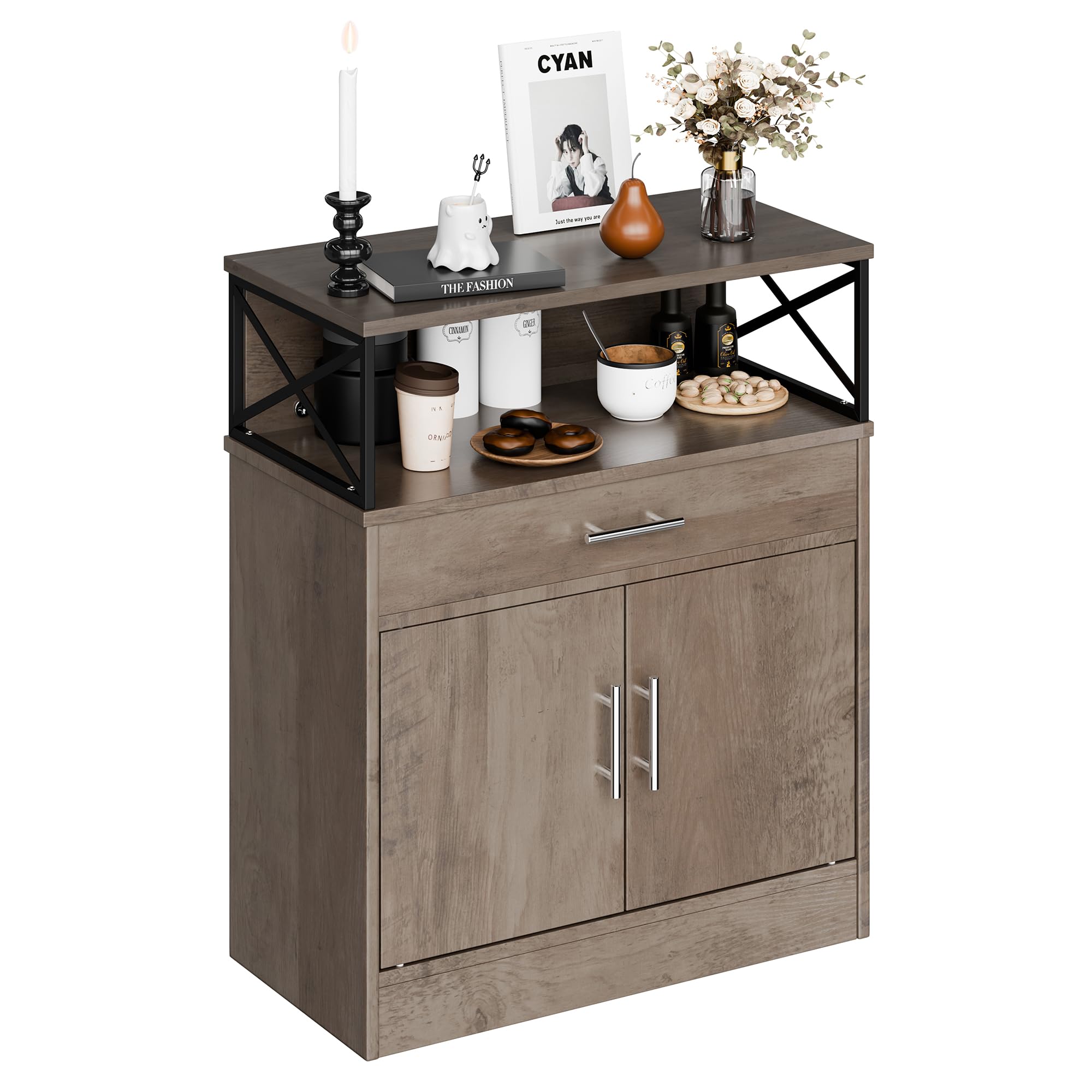 SUNLEI Kitchen Buffet Sideboard Cabinet, Wooden Storage with 4 Doors and 3 Drawers, Adjustable Shelf, Modern Farmhouse Coffee Bar Cabinet with Storage for Kitchen/Laundry/Living Room, Ivory