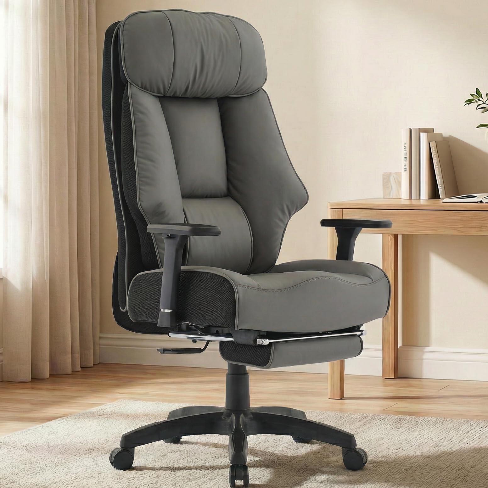 EXCEBET Big and Tall Office Chair 400lbs Wide Seat, Leather High Back Executive Office Chair with Lumbar Support, Ergonomic Chairs Padded Armrests & Thick Cushion (Mesh Beige)