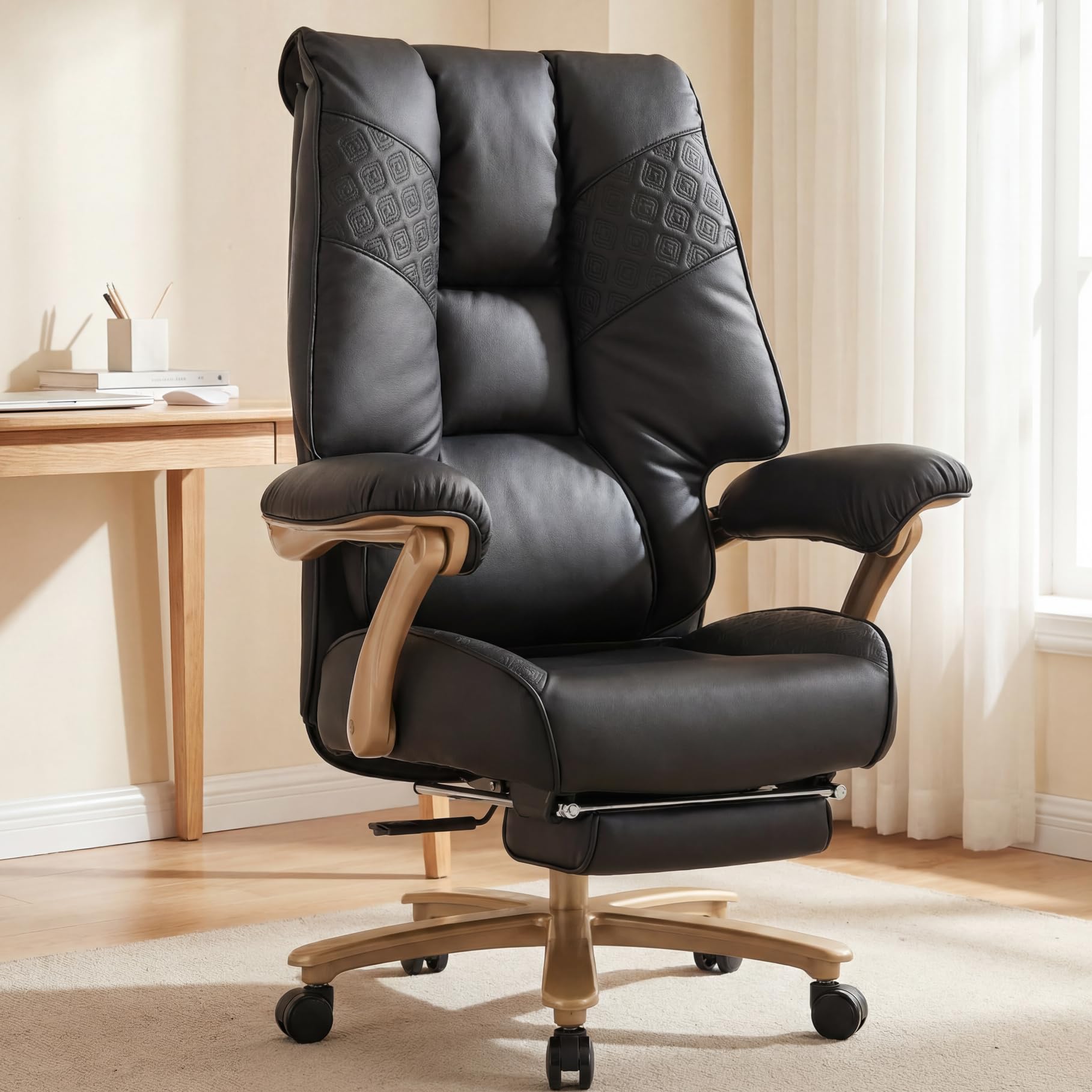 Brown High Back PU Leather Big & Tall 400lbs Office Chair with Footrest, Lumbar Support & Padded Armrests