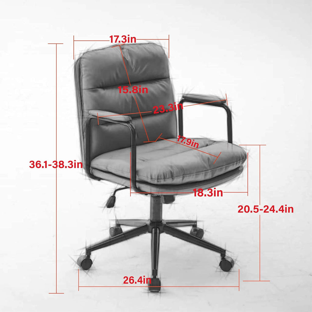 【Mid Back Office Chair】 Ergonomic PU Leather Desk Chair with 40° Recline, Adjustable Height Swivel Computer Chair with Padded Armrests and Wheels, Task Chair for Home Office (Brown)