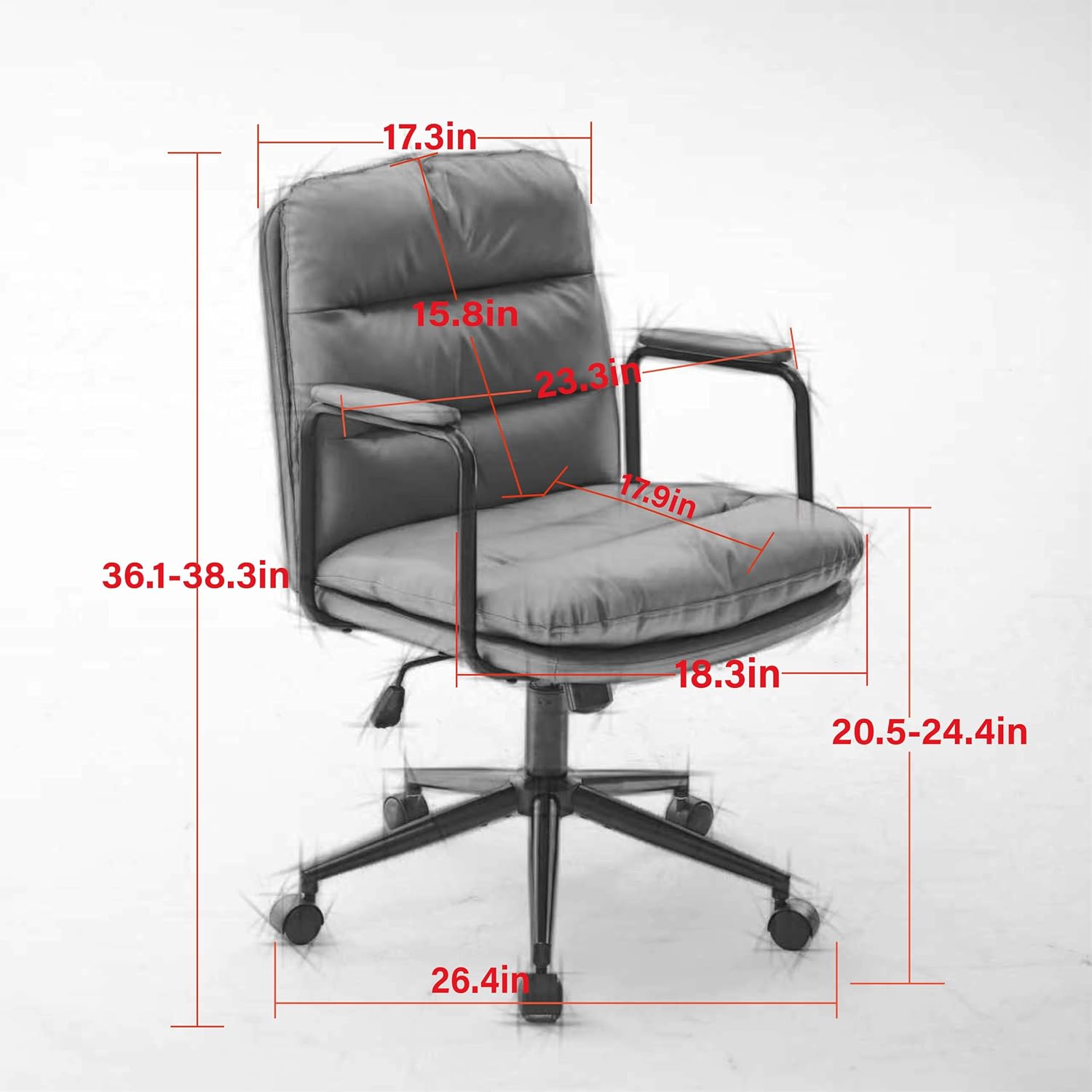 【Mid Back Office Chair】 Ergonomic PU Leather Desk Chair with 40° Recline, Adjustable Height Swivel Computer Chair with Padded Armrests and Wheels, Task Chair for Home Office (Brown)