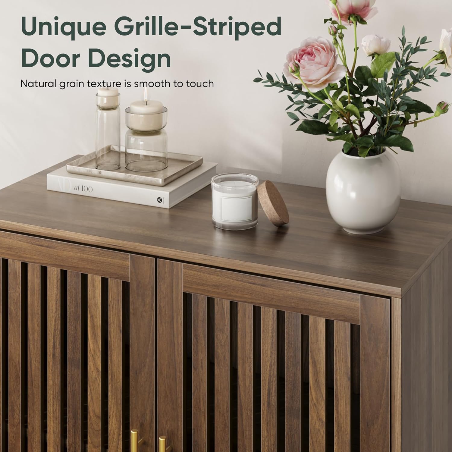 Smart FENDEE Sideboard Cabinet, 31.5" W Farmhouse Buffet Cabinet with Slatted Doors & Adjustable Shelf, Wood Coffee Bar Storage Station for Kitchen, Dining Room, Living Room, Entryway, Walnut Color