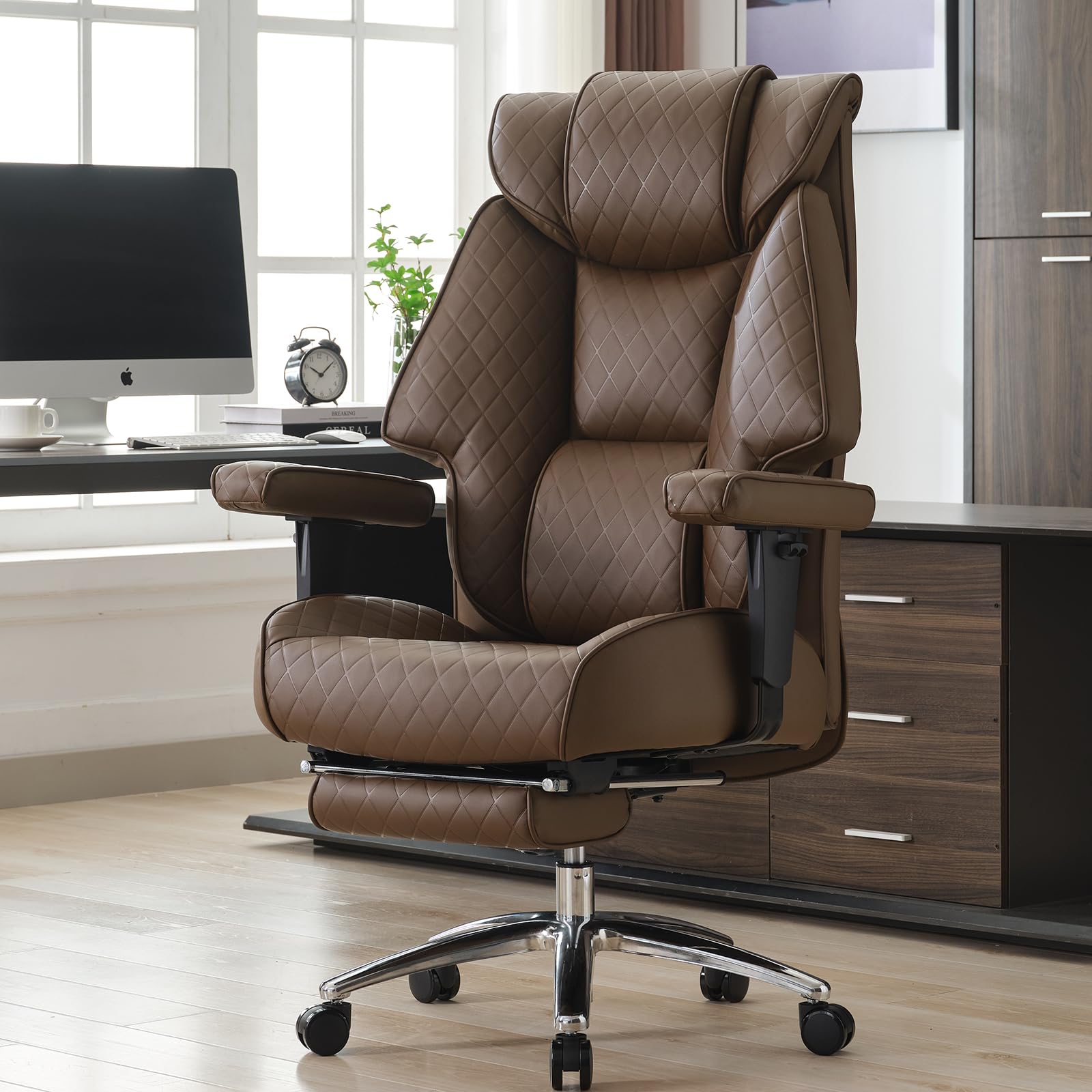 EXCEBET Big and Tall Office Chair 400lbs Wide Seat, Leather High Back Executive Office Chair with Lumbar Support, Ergonomic Chairs Padded Armrests & Thick Cushion (Mesh Beige)