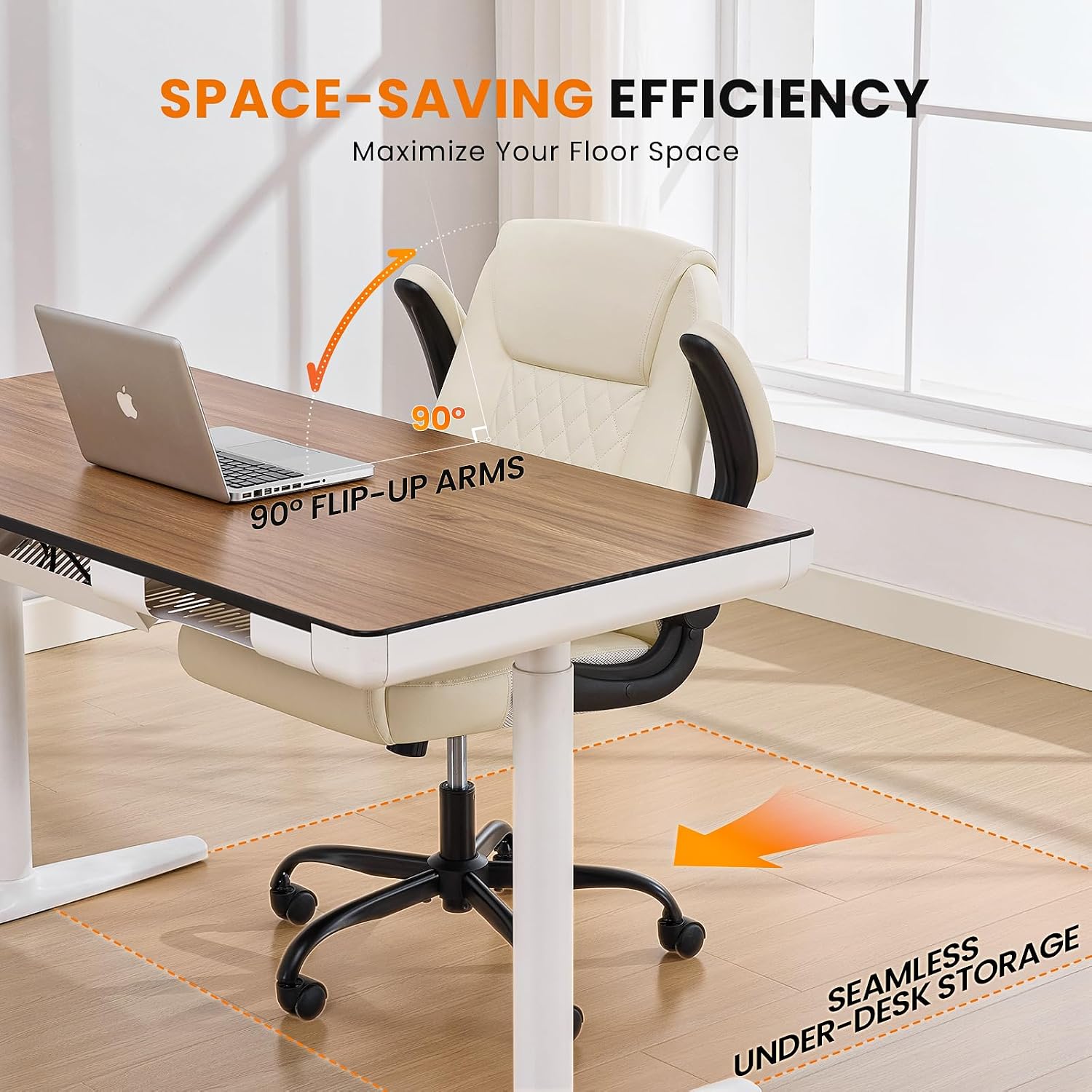 Leather Office Chair, 300lbs Heavy Duty Mid-Back Desk Chairs with Flip-up Armrests, Space-Saving Swivel Task Chair with Wheels, Adjustable Height and Ergonomic Back Support, Beige