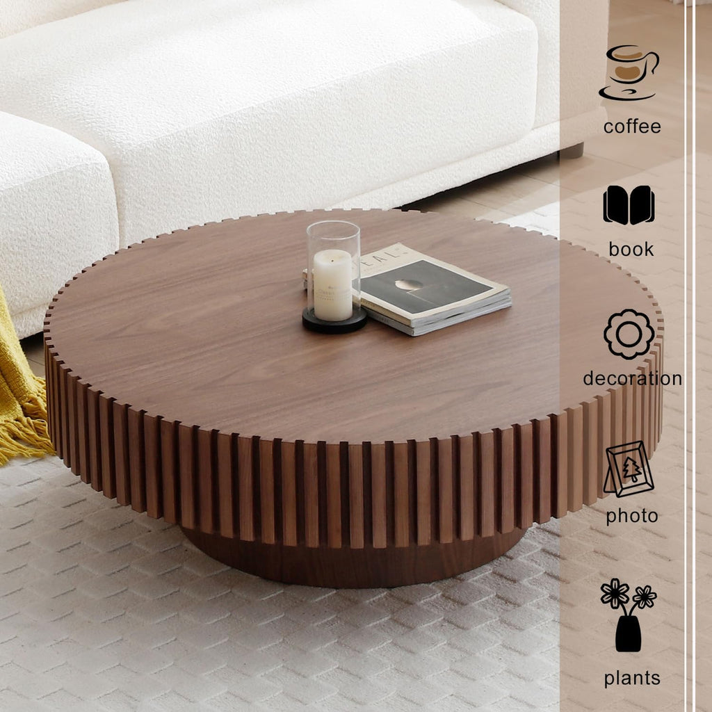 31" Round Coffee Table for Living Room, Mid Century Modern Coffee Table with Sturdy Pedestal, Circle Center Table Accent Tea Table for Apartment Walnut