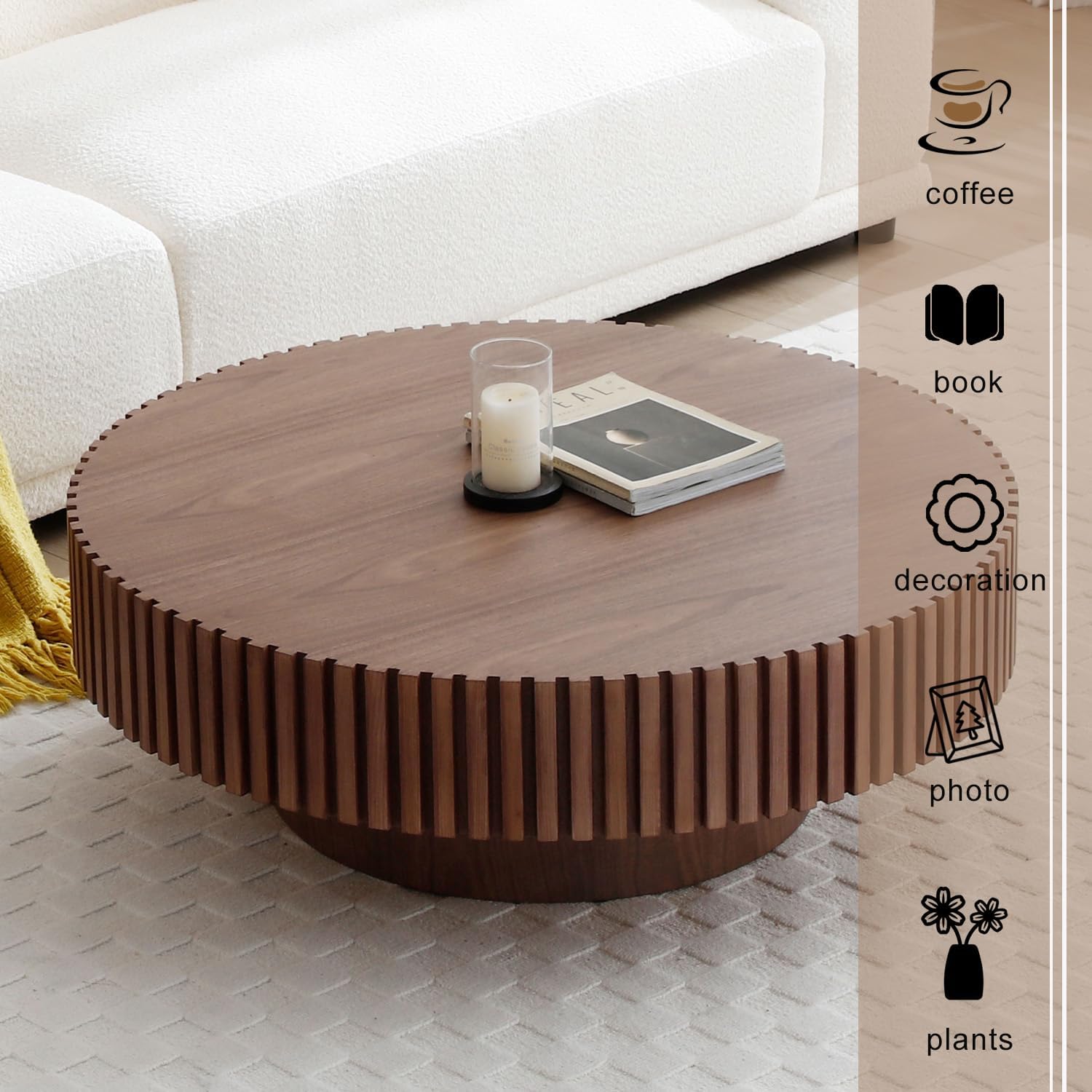 31" Round Coffee Table for Living Room, Mid Century Modern Coffee Table with Sturdy Pedestal, Circle Center Table Accent Tea Table for Apartment Walnut
