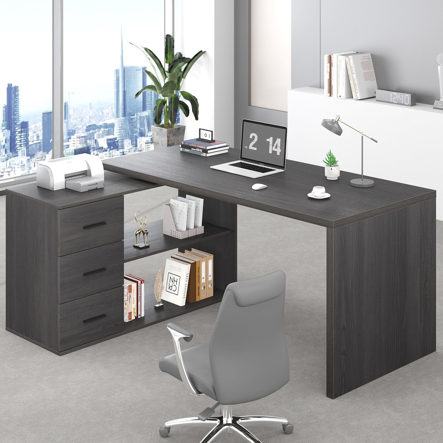 HSH L Shaped Desk with Storage Drawers Shelves, Large Corner Computer Table in Home Office, Industrial Wood Desk for Executive Writing Work Study, Rustic Oak, 55 Inch