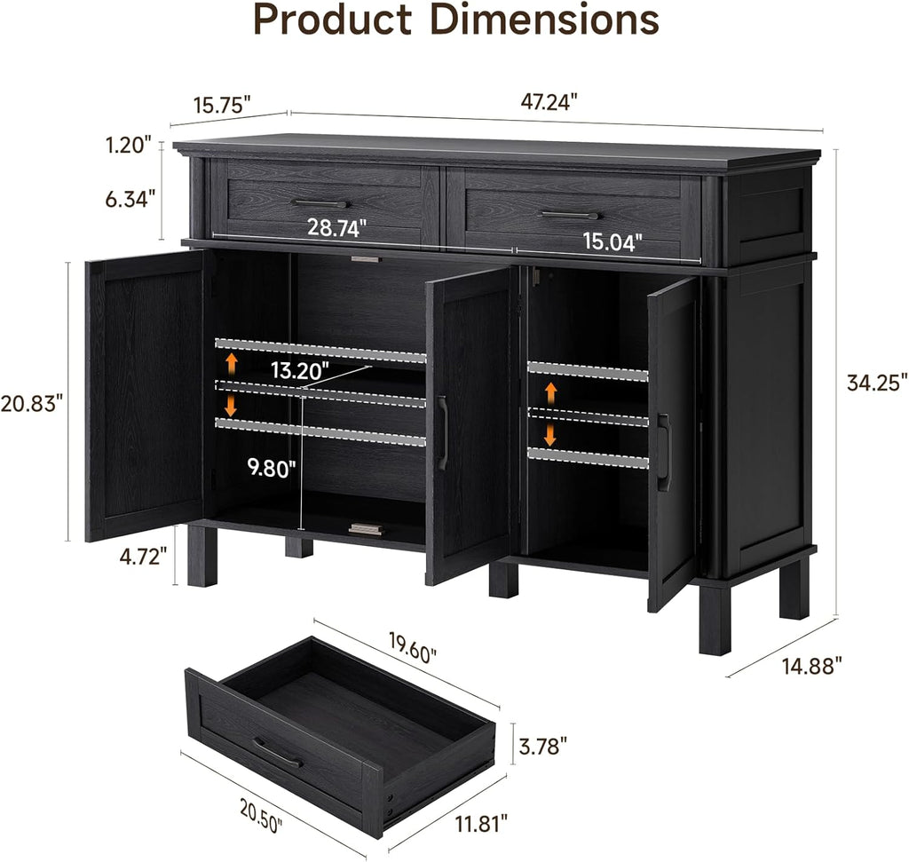 48 Inches Sideboard Buffet Cabinet with Storage, Farmhouse Sideboard Buffet w/2 Drawers and 3 Doors, Kitchen Cabinet with Adjustable Shelf, Wood Kitchen Console Table for Living Room, Hallway, Black