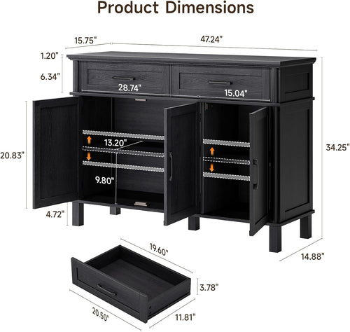 48 Inches Sideboard Buffet Cabinet with Storage, Farmhouse Sideboard Buffet w/2 Drawers and 3 Doors, Kitchen Cabinet with Adjustable Shelf, Wood Kitchen Console Table for Living Room, Hallway, Black