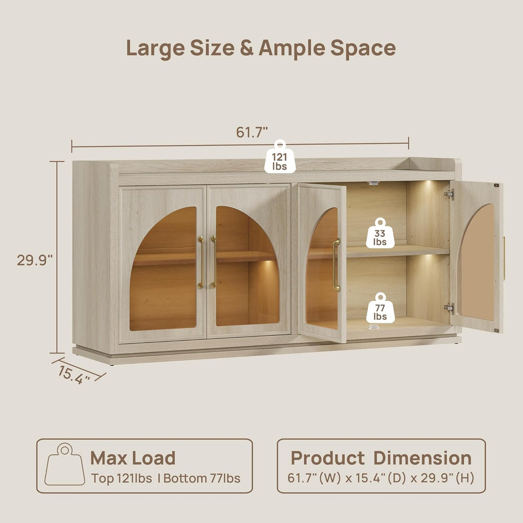 SICOTAS Sideboard Buffet Cabinet with Storage and LED Lights-Farmhouse Large Credenza Storage Cabinet with Arch Glass Doors, Adjustable Shelves, 61.7" Media Console Coffee Bar Cabinet, Grey White Oak