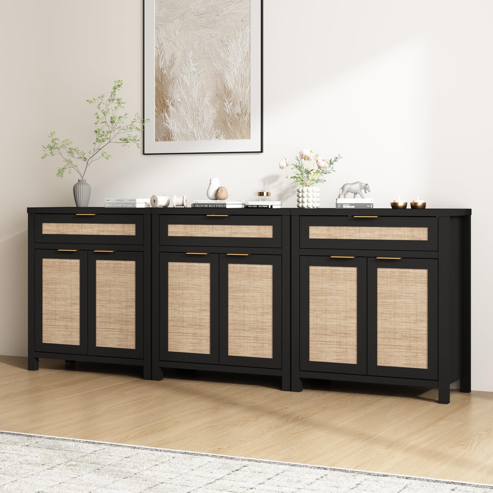 HOKYHOKY 63" Rattan Sideboard Buffet Cabinet, Boho Storage Cabinet with Adjustable Shelves, Farmhouse Credenza Coffee Bar Cabinets with 4 Doors & 3 Drawers for Living Room, Hallway & Kitchen