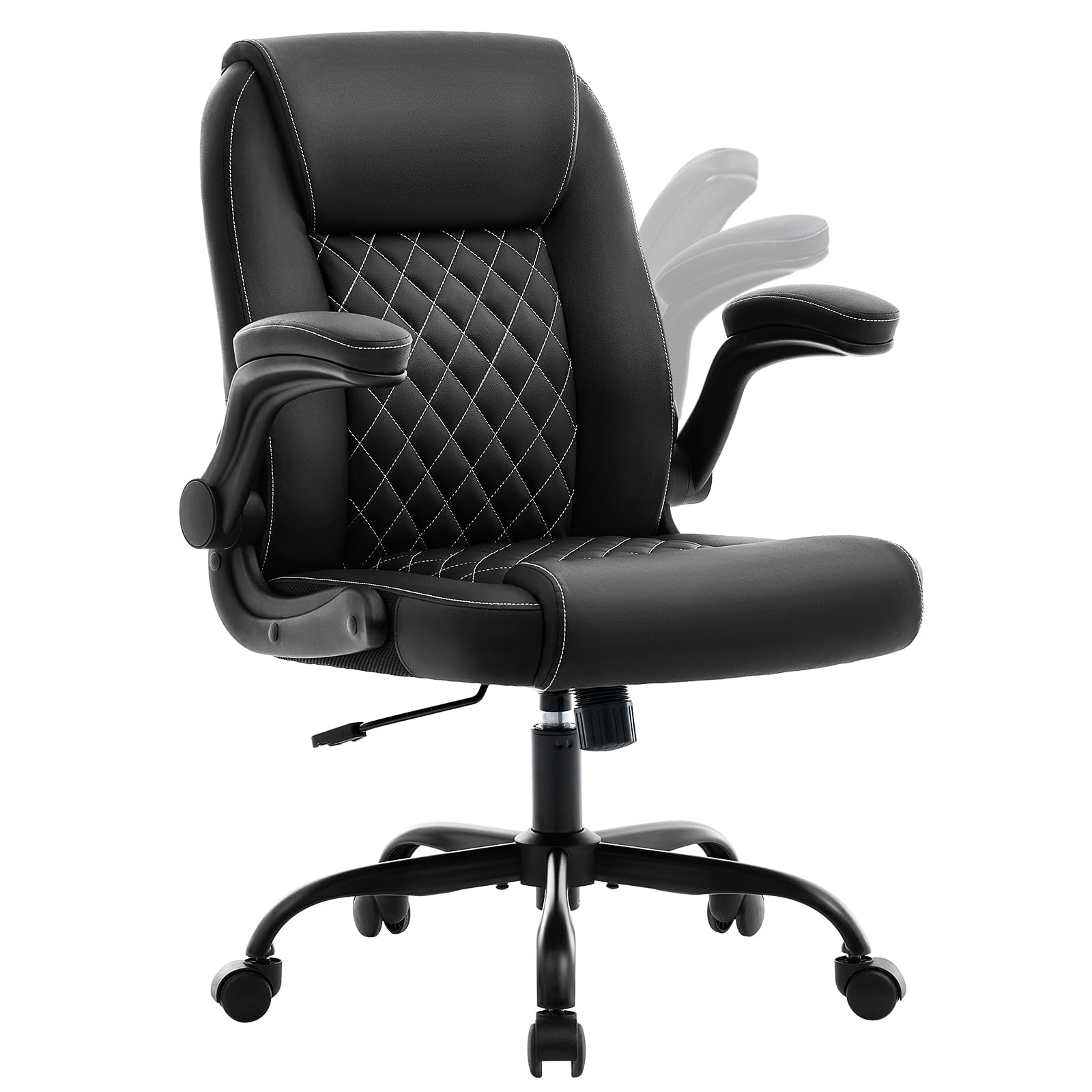 Leather Office Chair, 300lbs Heavy Duty Mid-Back Desk Chairs with Flip-up Armrests, Space-Saving Swivel Task Chair with Wheels, Adjustable Height and Ergonomic Back Support, Beige