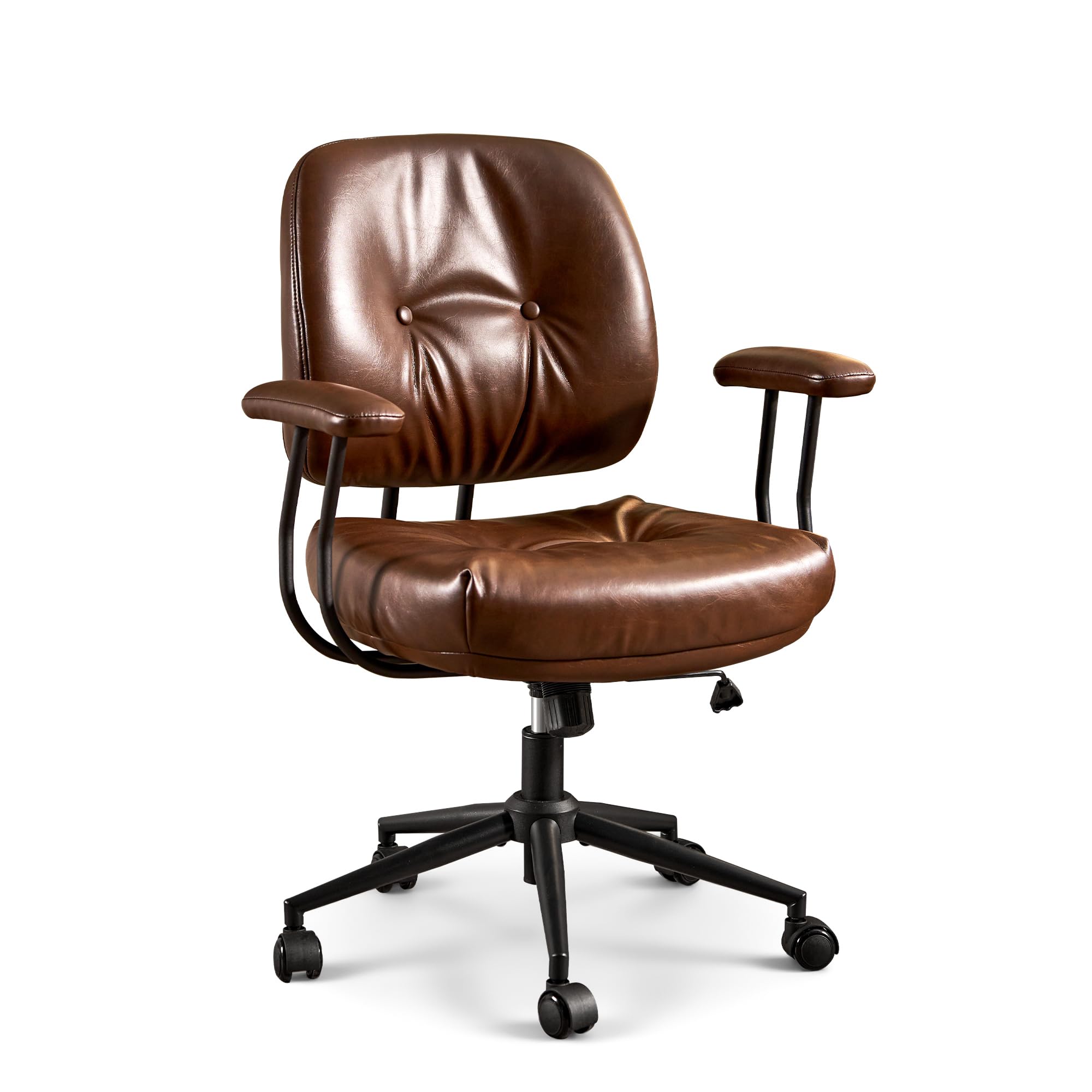 ovios Ergonomic Office Chair, Mid Back Faux Leather Executive Chairs with Armrests, Comfy Mid-Century Modern Swivel Rolling Computer Armchair (Brown, Suede Leather)