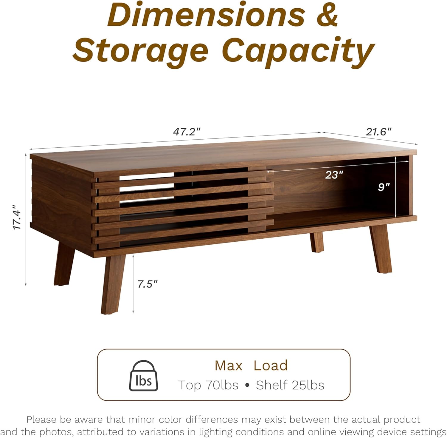 MAISONARIA Mid Century Coffee Table with Storage & Sliding Fence Door, Modern Coffee Tables for Living Room, Walnut Finish