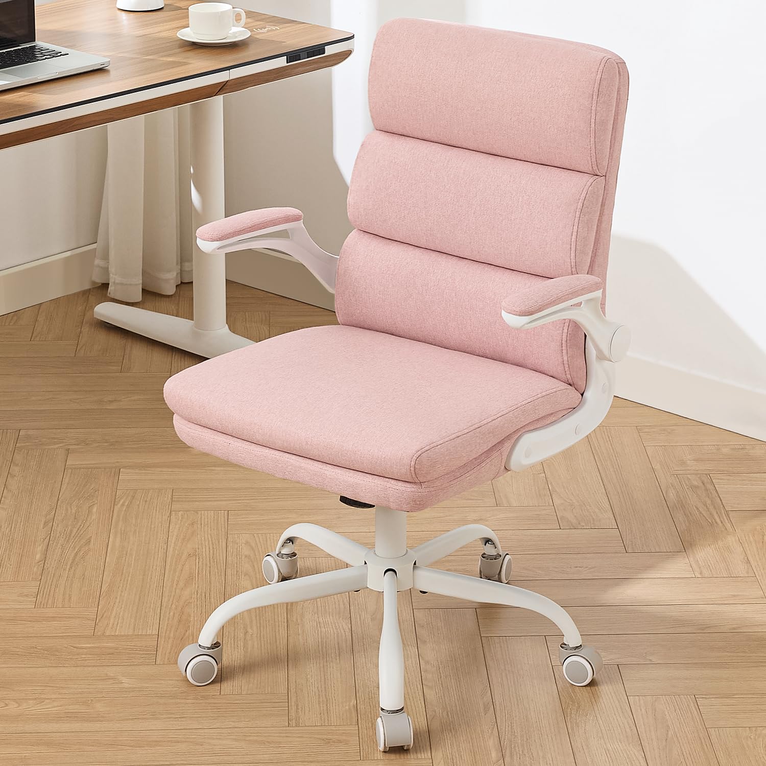 Office Chair Adjustable Desk Chair Mid Back Executive Comfortable Bonded Leather Ergonomic Back Support Home Computer Chairs with Padded Flip-up Armrest Swivel Wheels (Tan)