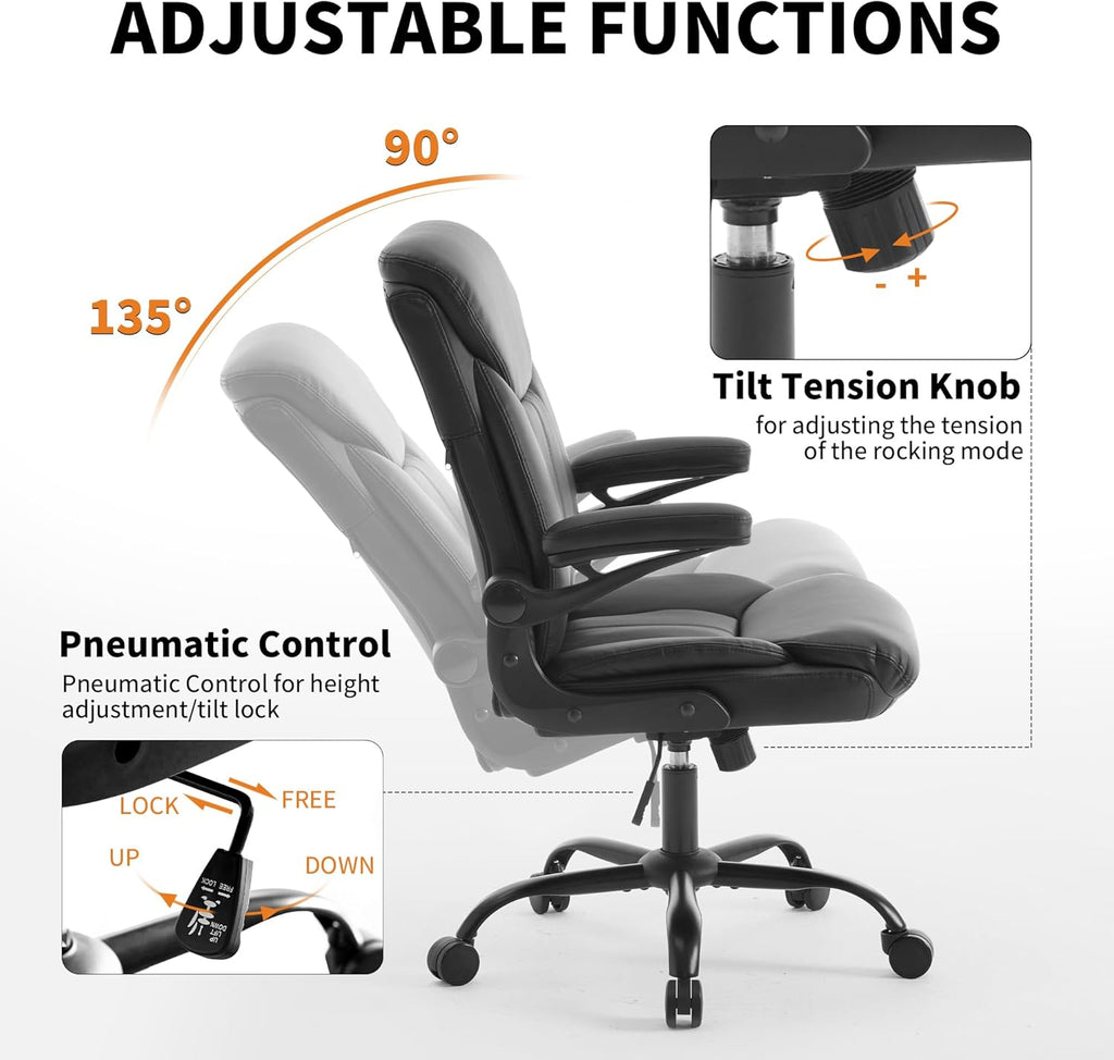 Home Office Ergonomic Desk Chair - Comfy Leather Executive Chair with Flip-Up Armrests, Height Adjustable Computer Chair for Gaming, 360° Swivel & Rocking(Black)