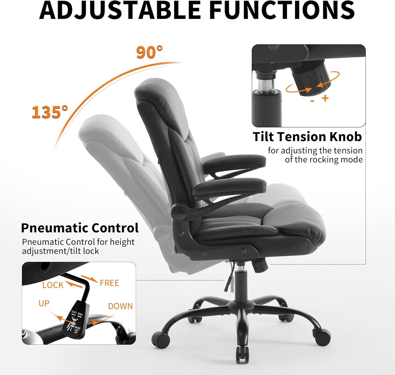 Home Office Ergonomic Desk Chair - Comfy Leather Executive Chair with Flip-Up Armrests, Height Adjustable Computer Chair for Gaming, 360° Swivel & Rocking(Black)
