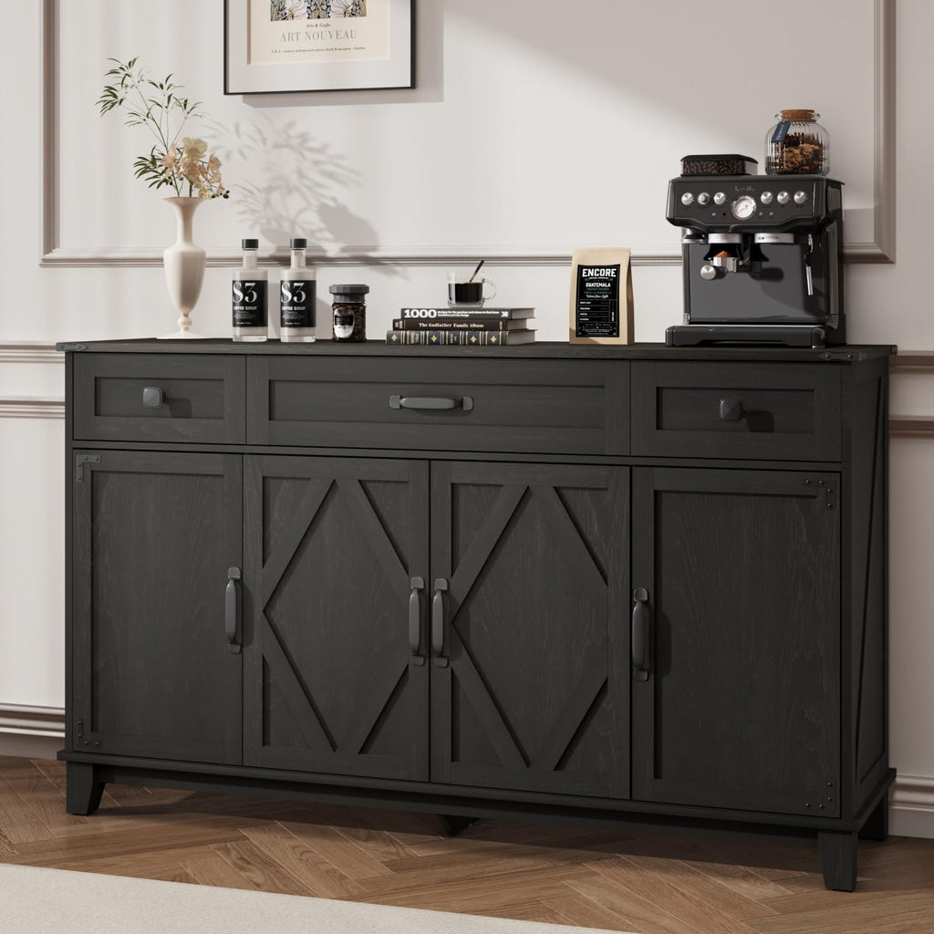 Farmhouse Buffet Cabinet with Drawers, 55" Large Sideboard Kitchen Buffet Storage Cabinet with 3 Adjustable Shelves and Doors Heightened Table Wood Coffee Bar for Kitchen Living Room, Black