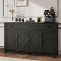 Farmhouse Buffet Cabinet with Drawers, 55" Large Sideboard Kitchen Buffet Storage Cabinet with 3 Adjustable Shelves and Doors Heightened Table Wood Coffee Bar for Kitchen Living Room, Black