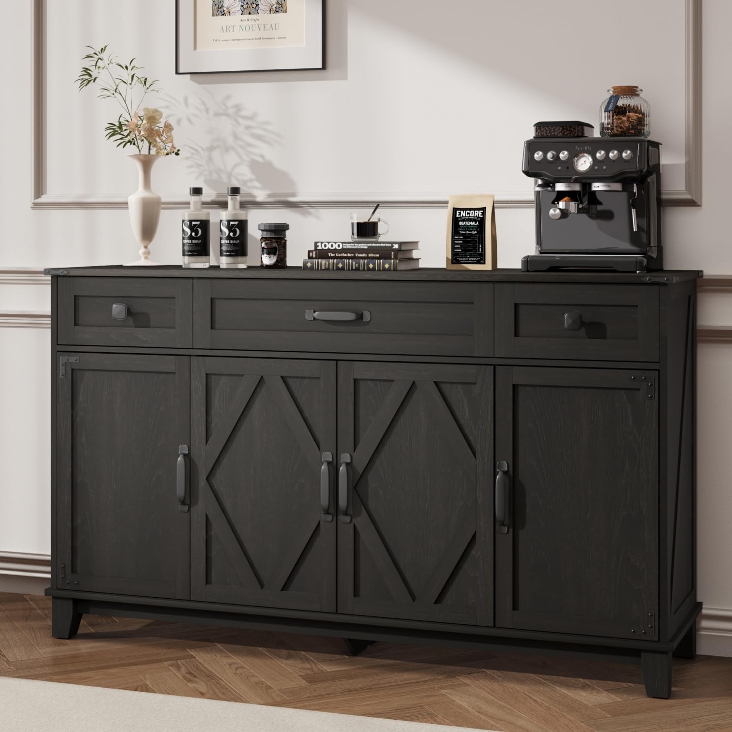 Farmhouse Buffet Cabinet with Drawers, 55" Large Sideboard Kitchen Buffet Storage Cabinet with 3 Adjustable Shelves and Doors Heightened Table Wood Coffee Bar for Kitchen Living Room, Black