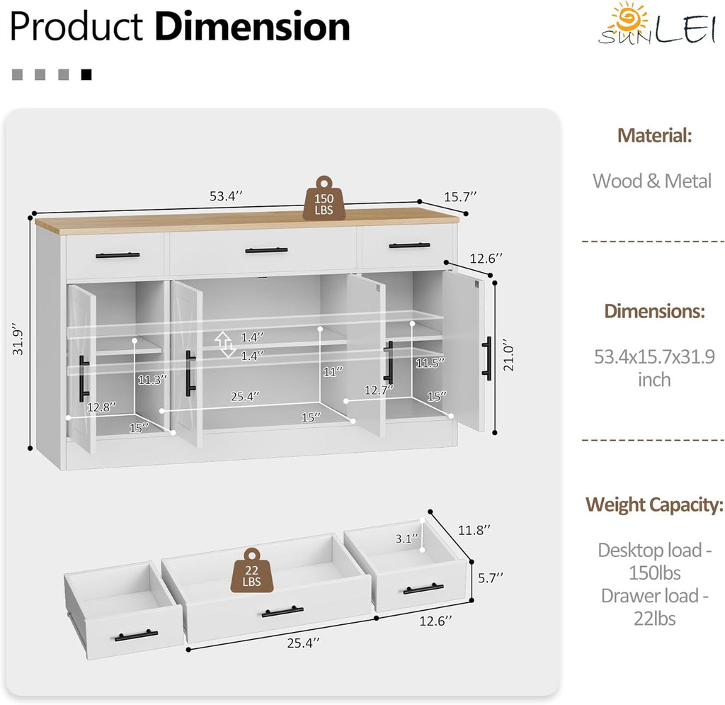 SUNLEI Kitchen Buffet Sideboard Cabinet, Wooden Storage with 4 Doors and 3 Drawers, Adjustable Shelf, Modern Farmhouse Coffee Bar Cabinet with Storage for Kitchen/Laundry/Living Room, Ivory