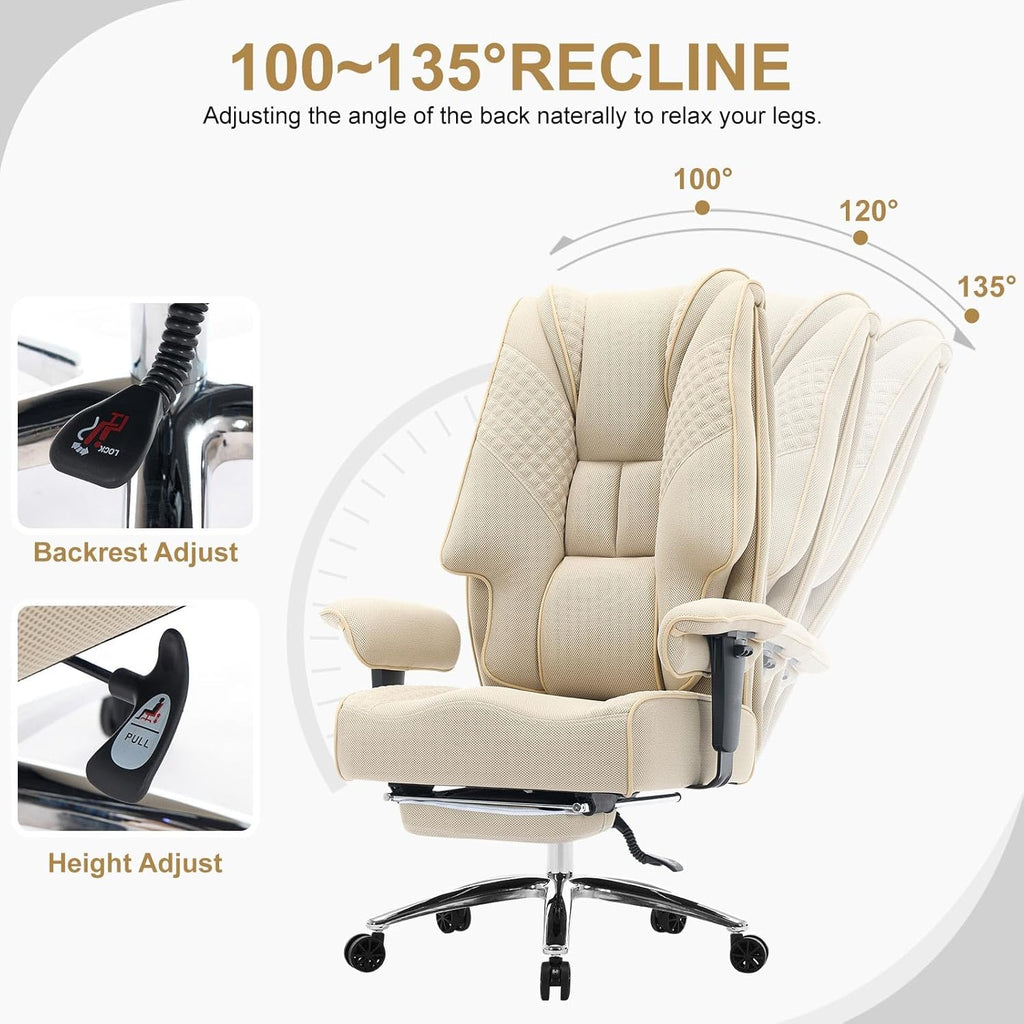 EXCEBET Big and Tall Office Chair 400lbs Wide Seat, Leather High Back Executive Office Chair with Lumbar Support, Ergonomic Chairs Padded Armrests & Thick Cushion (Mesh Beige)