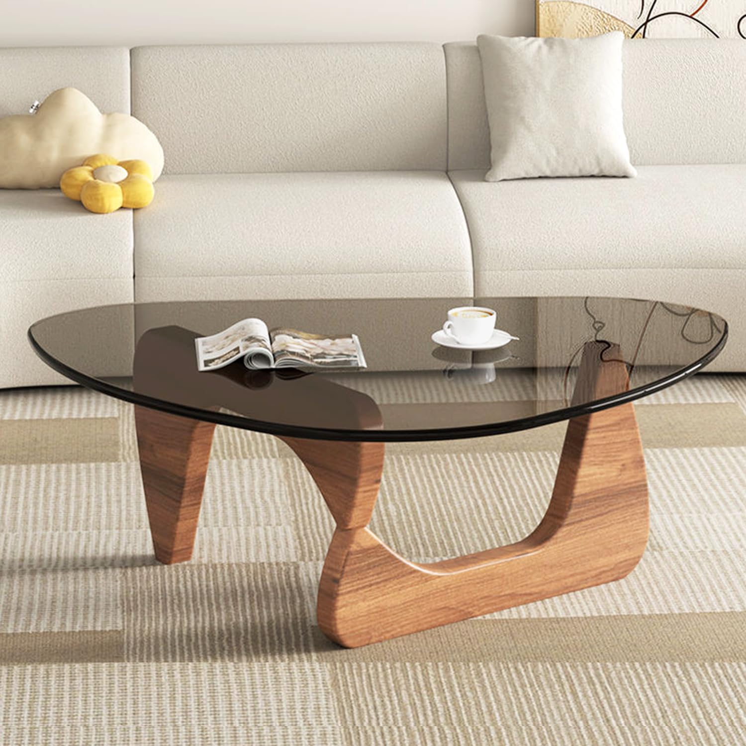 Modern Glass Coffee Table, Mid Century Small Coffee Table, Coffee Table for Living Room,Suitable for Bedroom Living Room Reception Office Tables (Walnut/Brown, Small)