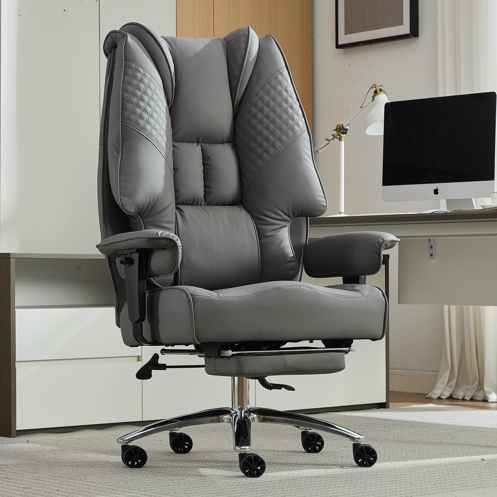 EXCEBET Big and Tall Office Chair 400lbs Wide Seat, Leather High Back Executive Office Chair with Lumbar Support, Ergonomic Chairs Padded Armrests & Thick Cushion (Mesh Beige)