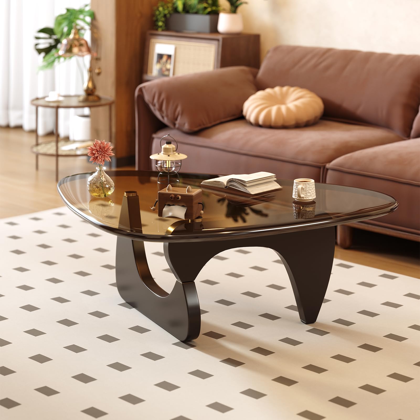 Coffee Table for Living Room Mid Century Modern Center Table with Glass Top and Wood, 36 Inch, Brown/Walnut