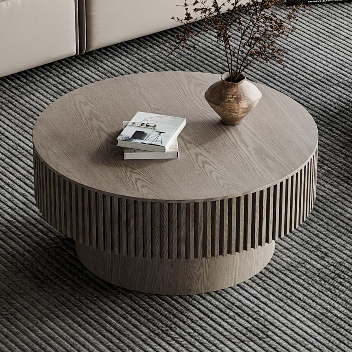 31" Round Coffee Table for Living Room, Mid Century Modern Coffee Table with Sturdy Pedestal, Circle Center Table Accent Tea Table for Apartment Walnut
