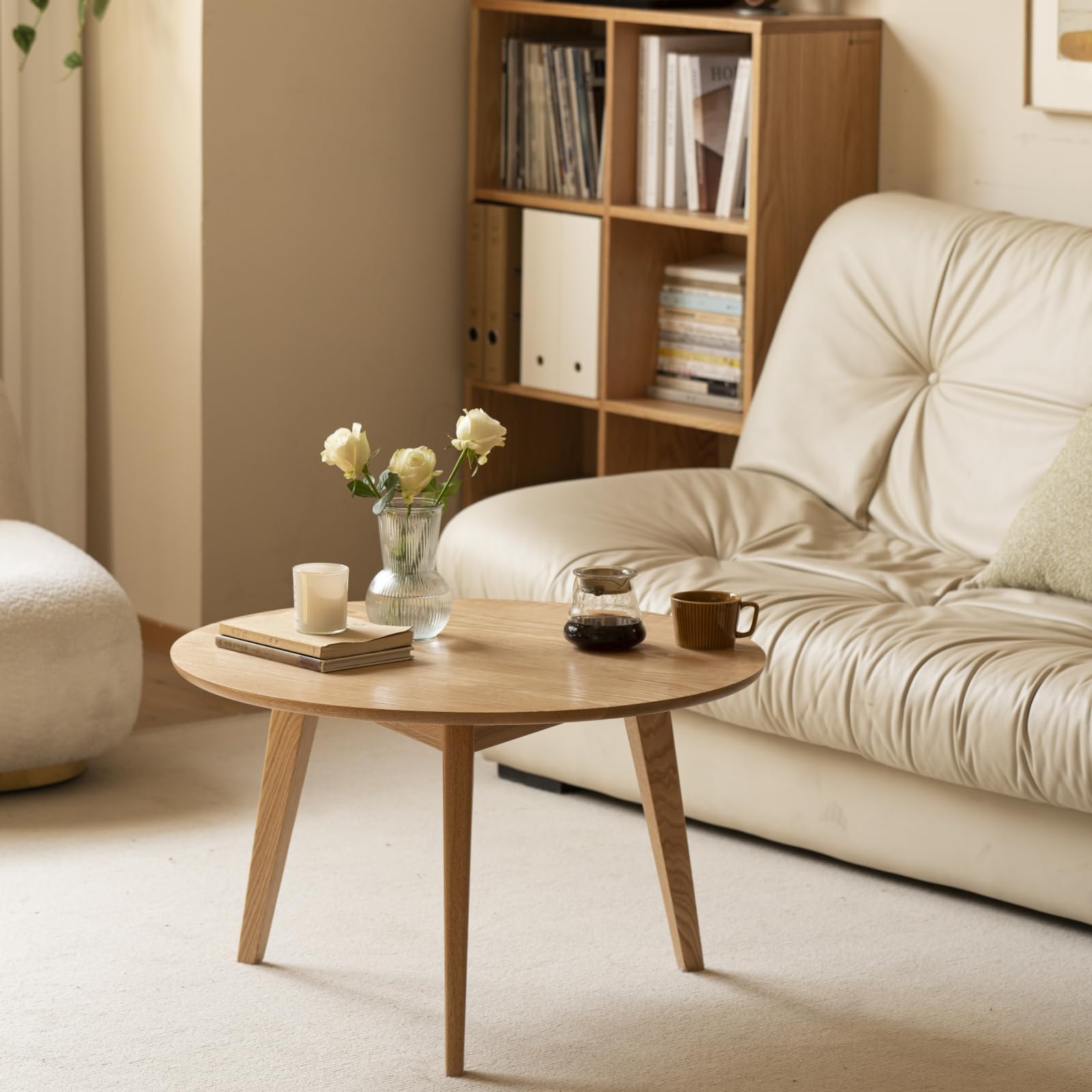 23.62" Walnut Solid Oak Round Mini Coffee Side Table with Wood Legs, Mid Century Accent Table for Living Room Bedroom Balcony