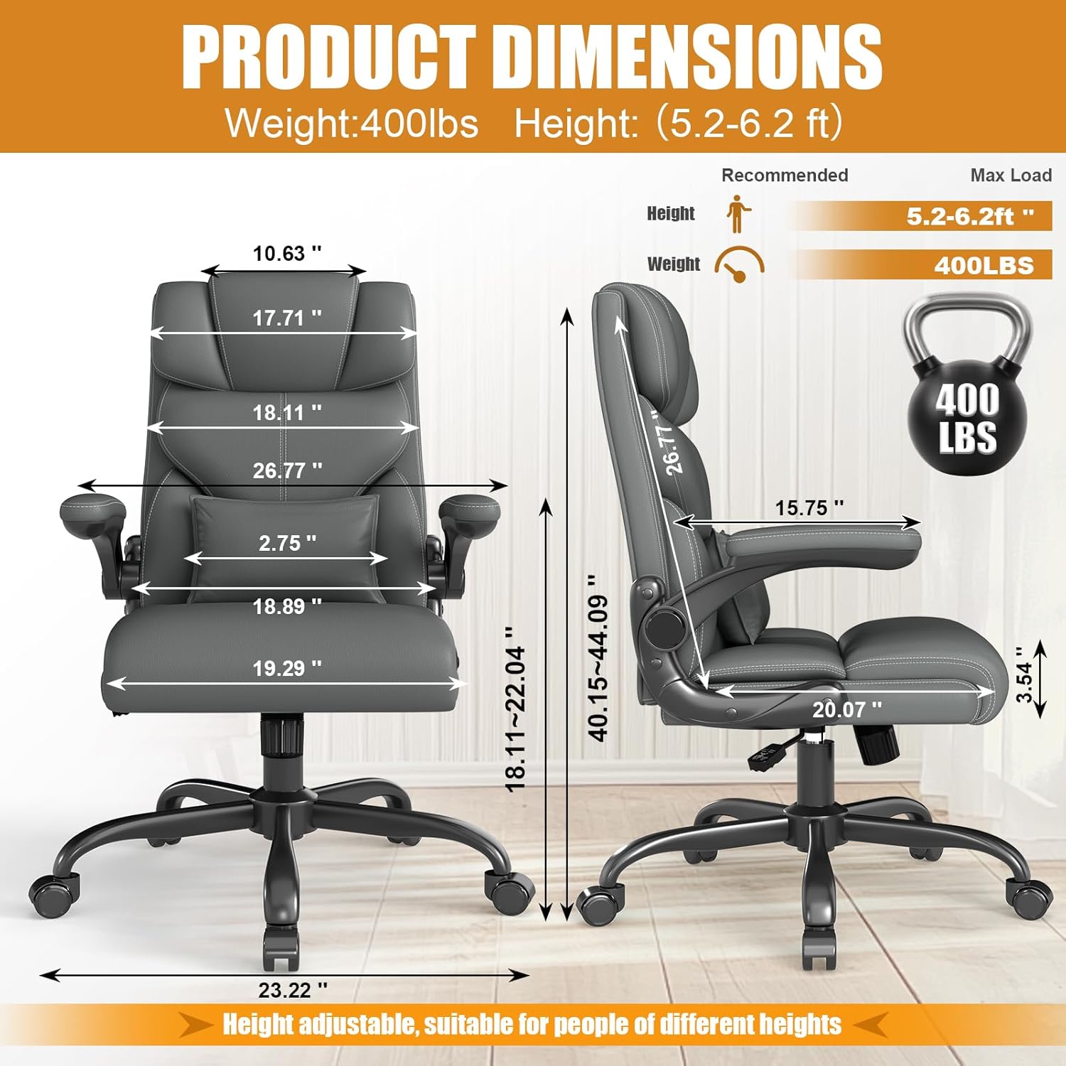 Executive Office Chair with Flip-up Armrests,Ergonomic Computer Desk Chairs,Mid-Tall Back Leather Office Chair,Lumbar Support Swivel PC Chair with Rocking Function