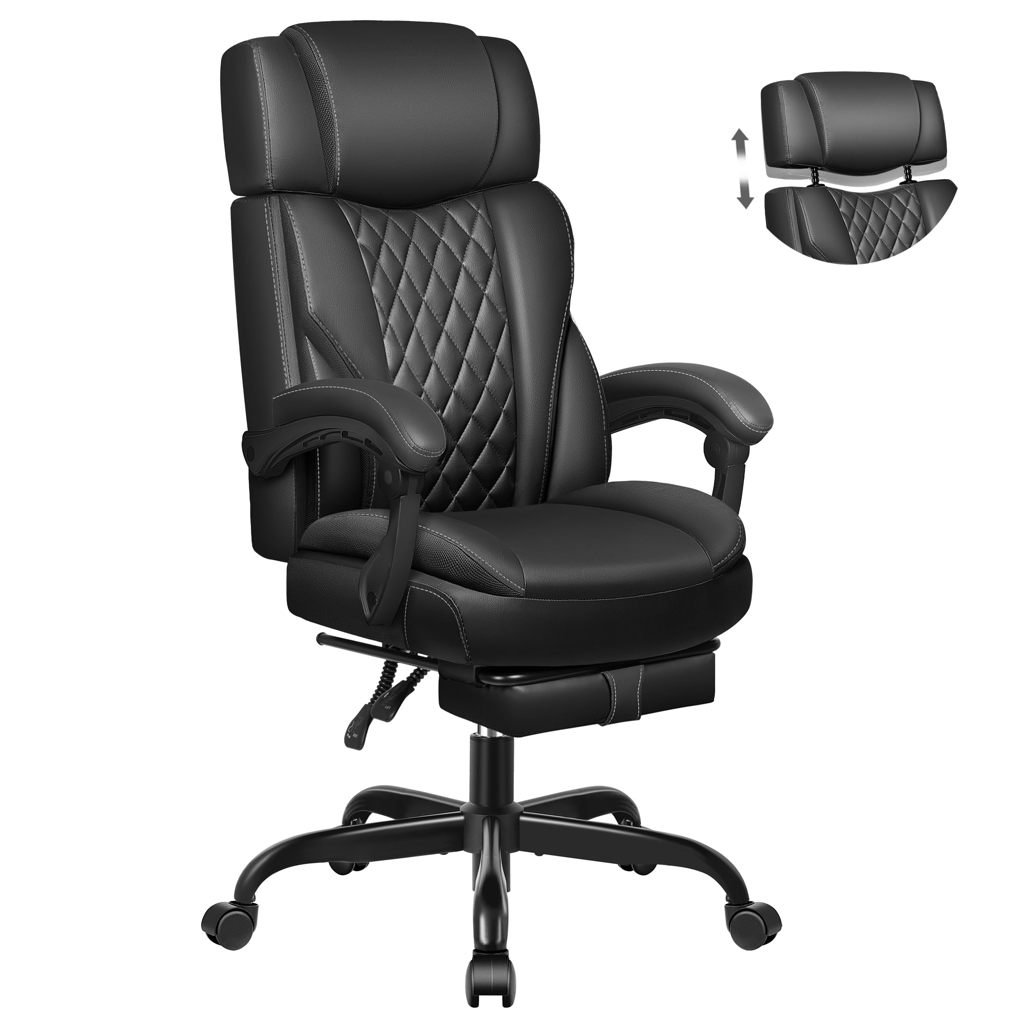 Office Chair Flip Up Arms, Executive Leather Office Chair Ergonomic Desk Chair with Lumbar Support, Adjustable Headrest, Computer Chair Home Office Desk Chair with Rocking Function
