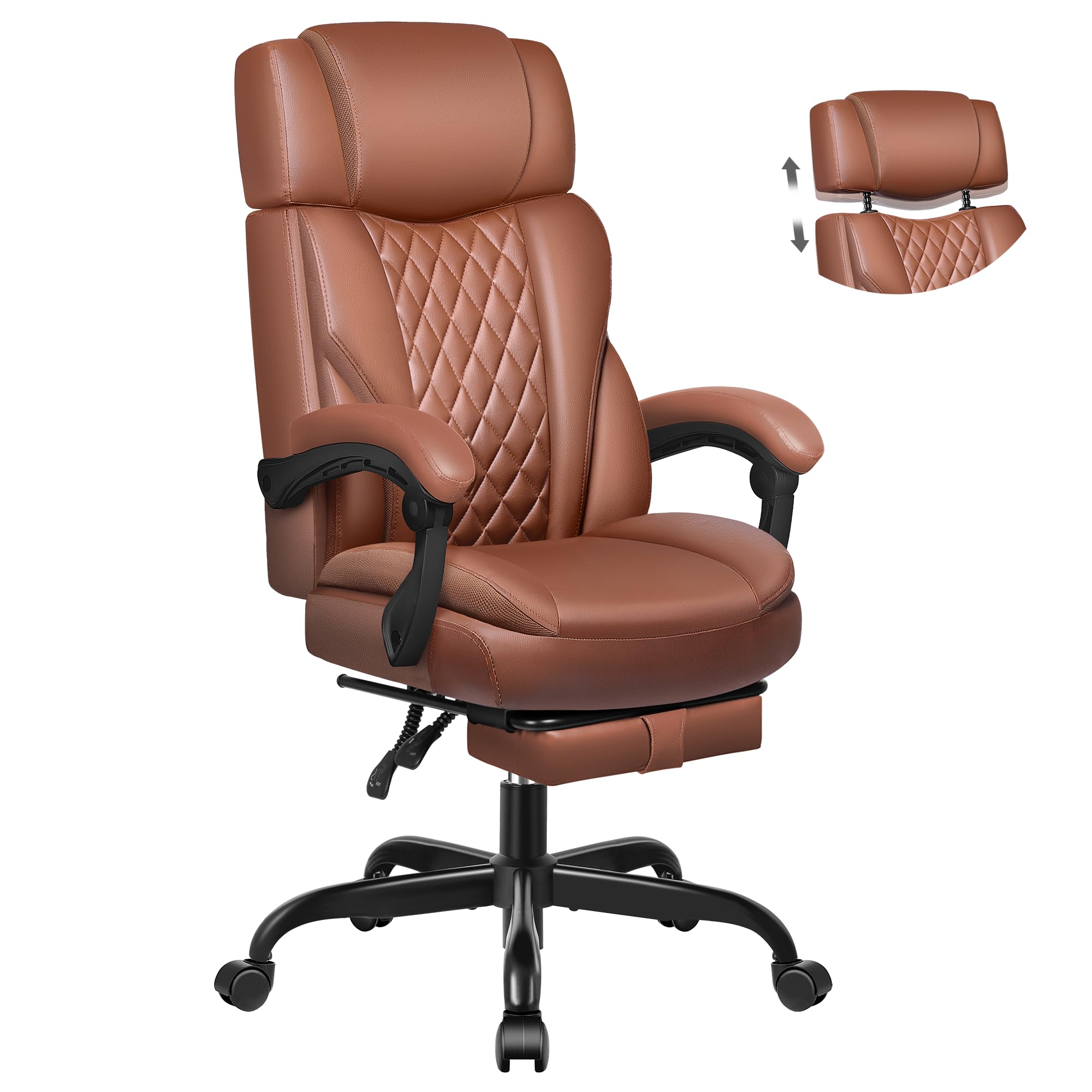 Office Chair Flip Up Arms, Executive Leather Office Chair Ergonomic Desk Chair with Lumbar Support, Adjustable Headrest, Computer Chair Home Office Desk Chair with Rocking Function