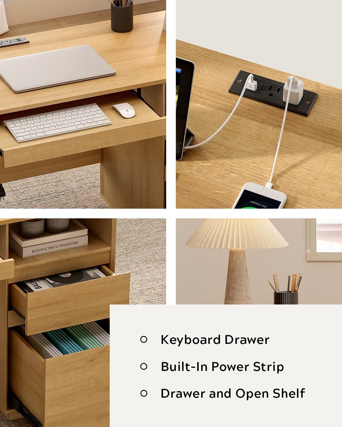 59" Natural Oak Farmhouse Executive Computer Desk with File Drawer, Charging Station, Keyboard Tray & Storage Cabinet for Home Office Study Writing