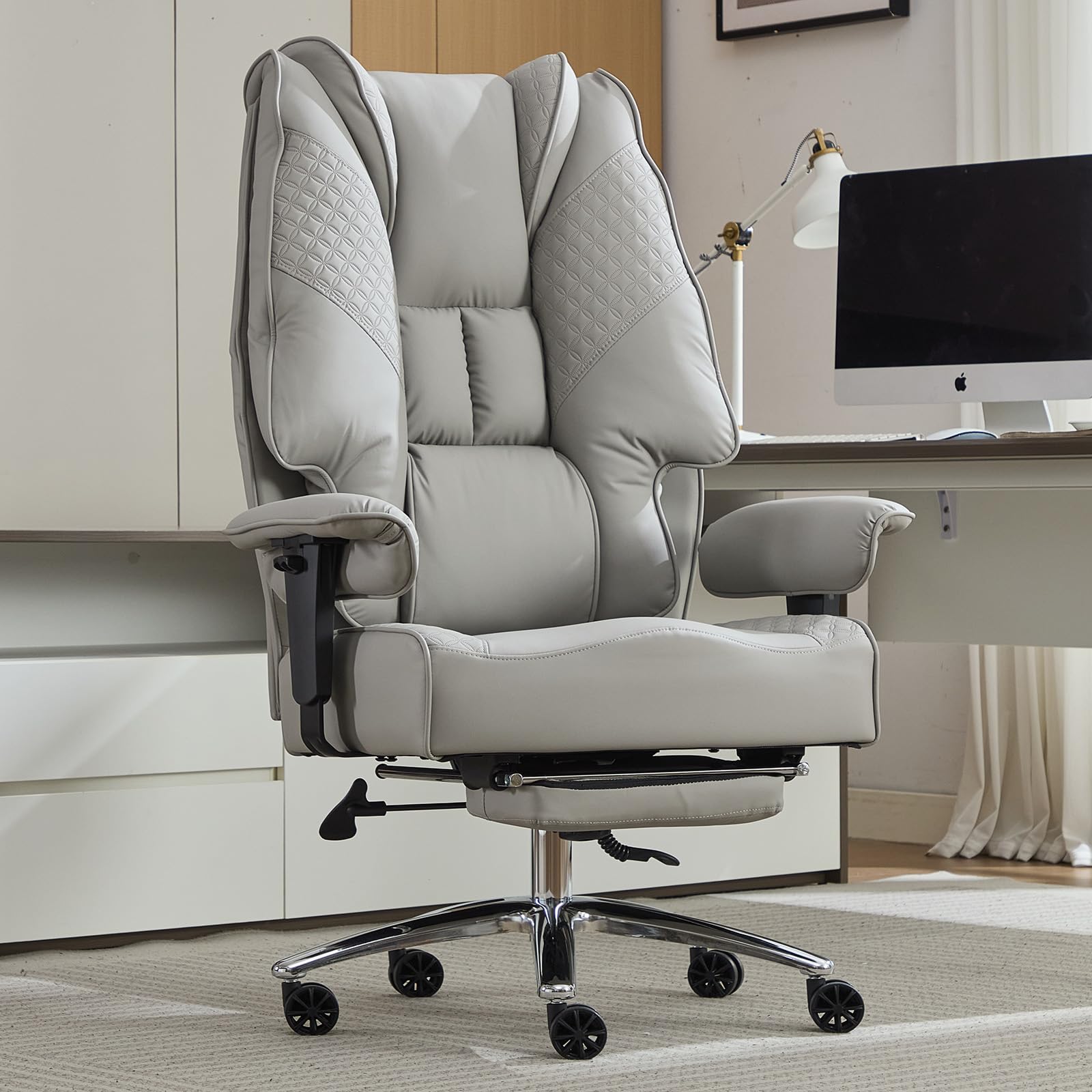 EXCEBET Big and Tall Office Chair 400lbs Wide Seat, Leather High Back Executive Office Chair with Lumbar Support, Ergonomic Chairs Padded Armrests & Thick Cushion (Mesh Beige)
