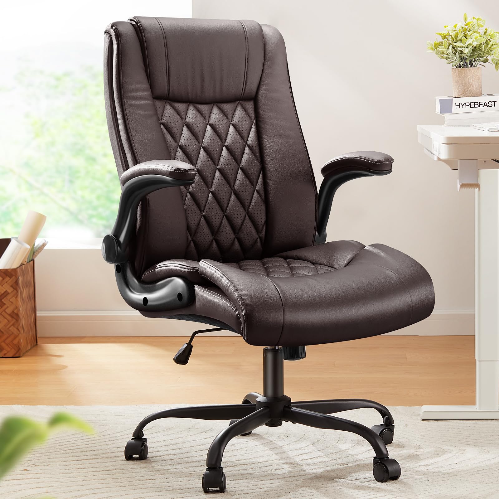 Marsail Executive Office Chair with Flip-up Armrests,PU Leather Ergonomic Desk Chair Height-Adjustable Swivel Rolling Computer Desk Chair,Black
