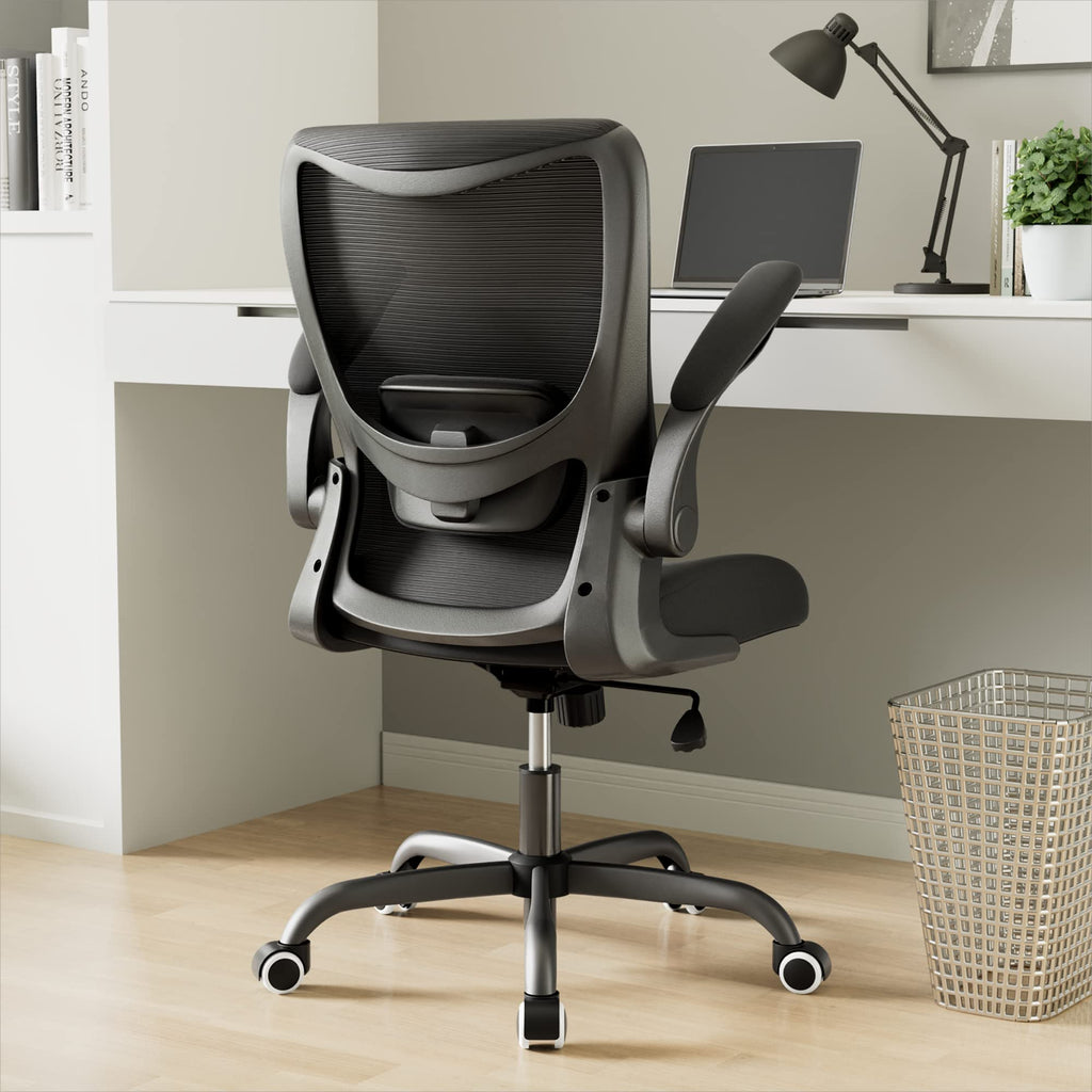 MUXX.STIL Office Chair, PU Leather Ergonomic Desk Chair with Adjustable Lumbar Support and Flip up Armrest, Breathable Mesh Computer Chair for Home Office, Khaki