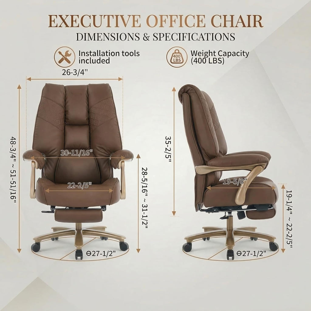 Brown High Back PU Leather Big & Tall 400lbs Office Chair with Footrest, Lumbar Support & Padded Armrests