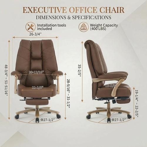 Brown High Back PU Leather Big & Tall 400lbs Office Chair with Footrest, Lumbar Support & Padded Armrests
