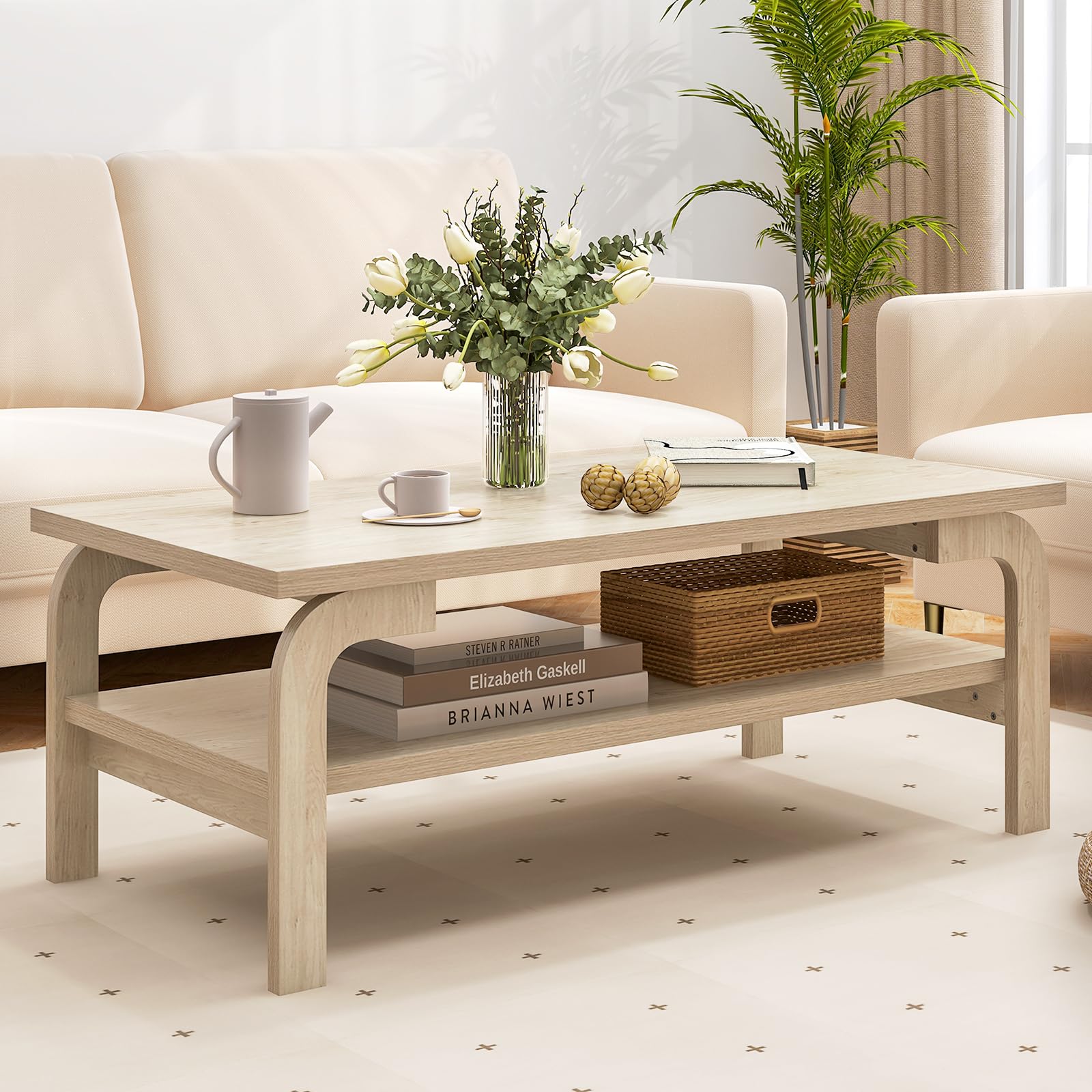 Giantex Mid Century Modern Coffee Table, 47" 2-Tier Center Table with Storage Shelf, Rectangular Vintage Cocktail Table w/Curved Legs & Large Tabletop, Wood Living Room Tables for Apartment, Walnut