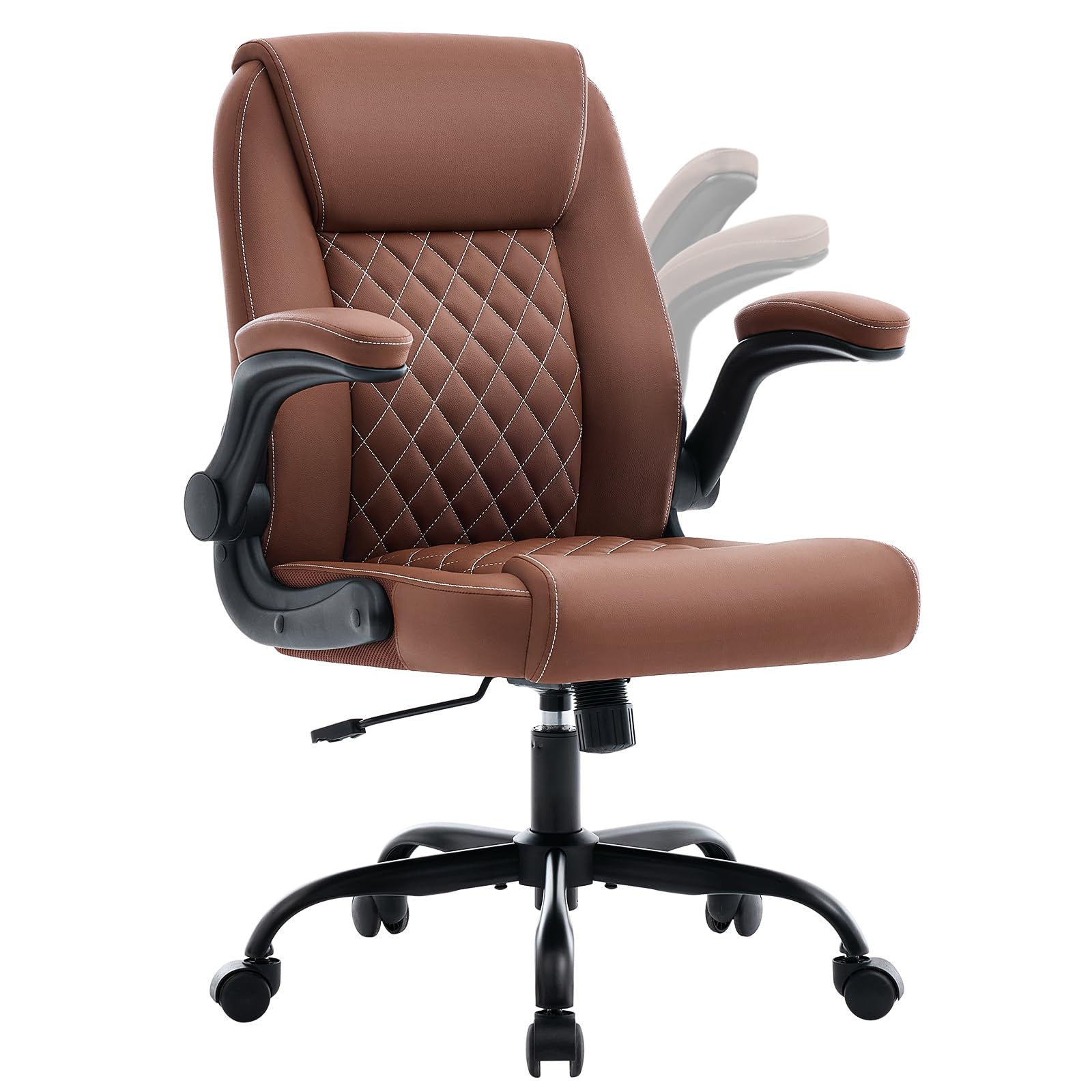 Leather Office Chair, 300lbs Heavy Duty Mid-Back Desk Chairs with Flip-up Armrests, Space-Saving Swivel Task Chair with Wheels, Adjustable Height and Ergonomic Back Support, Beige