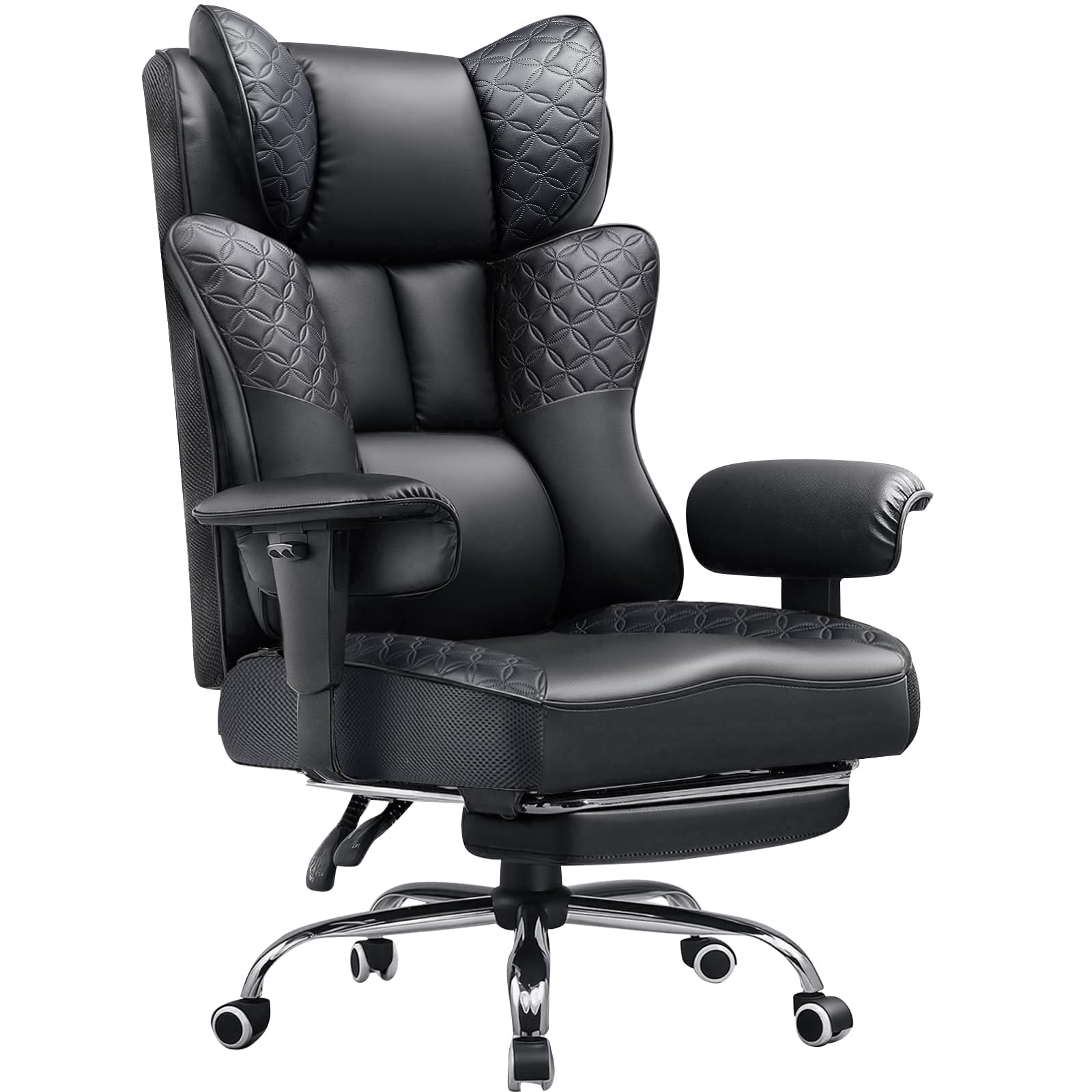 GTPLAYER Big and Tall Office Chair, Wide Ergonomic Gaming Chair with Deluxe Embossing Designed Leather with Foot Rest,150°Reclining Adjustable Soft Armrests Pocket Spring Back Support and Pillow