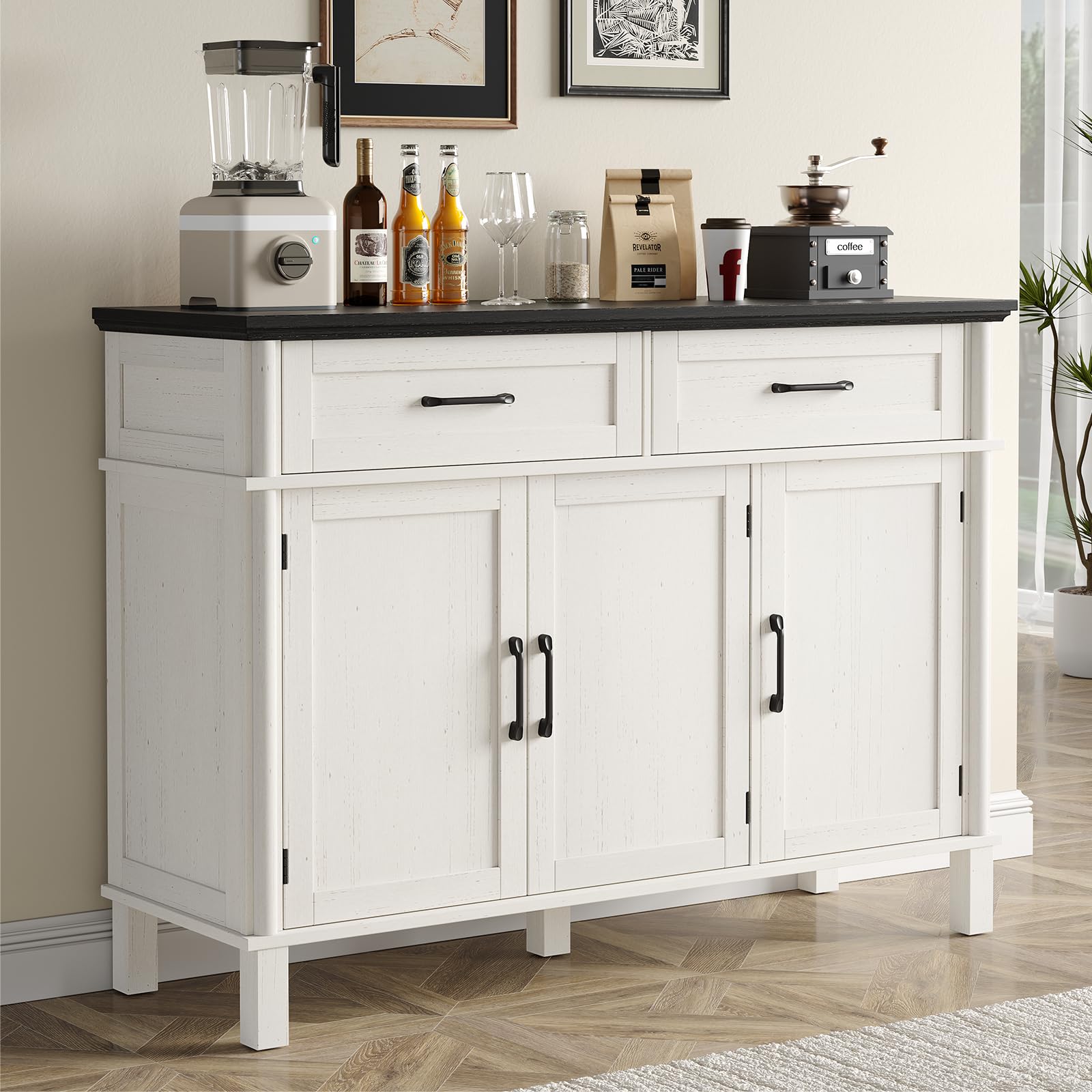 48" Brown Farmhouse Wood Sideboard Buffet Credenza with 4 Drawers & Adjustable Shelves, Coffee Bar Storage Cabinet for Kitchen Living Room Entryway