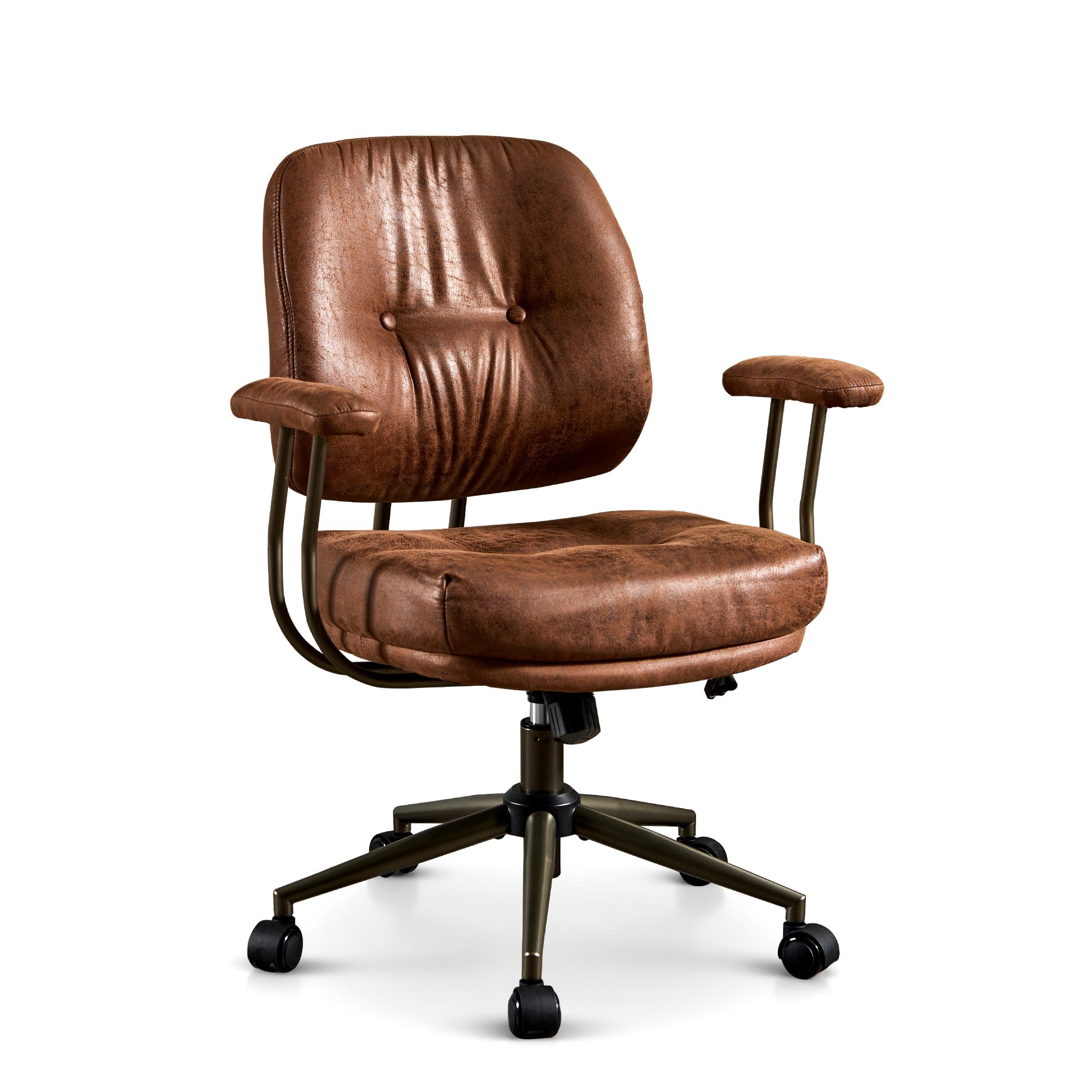 ovios Ergonomic Office Chair, Mid Back Faux Leather Executive Chairs with Armrests, Comfy Mid-Century Modern Swivel Rolling Computer Armchair (Brown, Suede Leather)