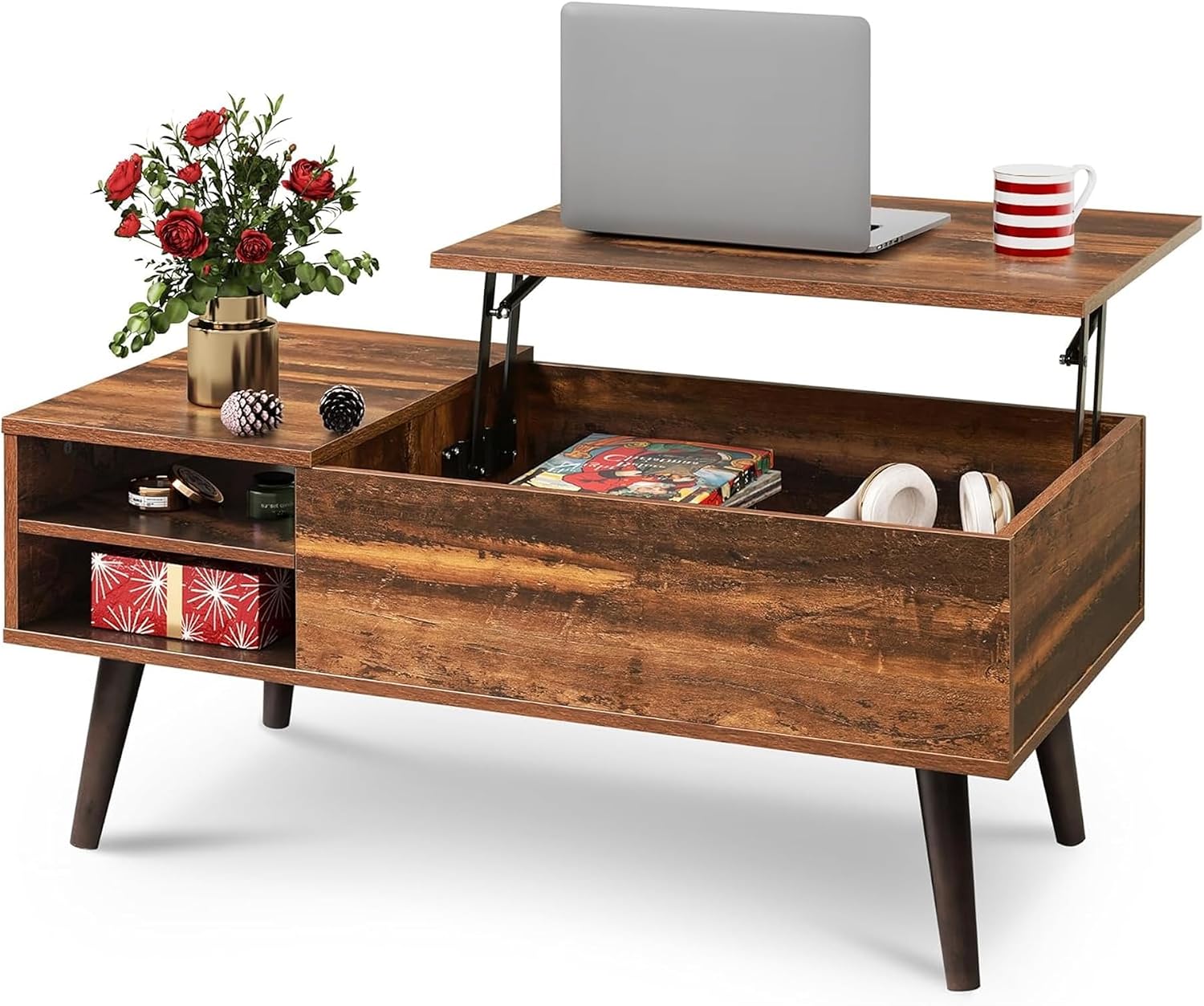 WLIVE Coffee Table with Lifting Top, Hidden Storage & Adjustable Shelf for Living Room Small Space, Multifunctional Rising Wooden Center Table, Mid Century Modern Tables for Home Dining Office, Brown