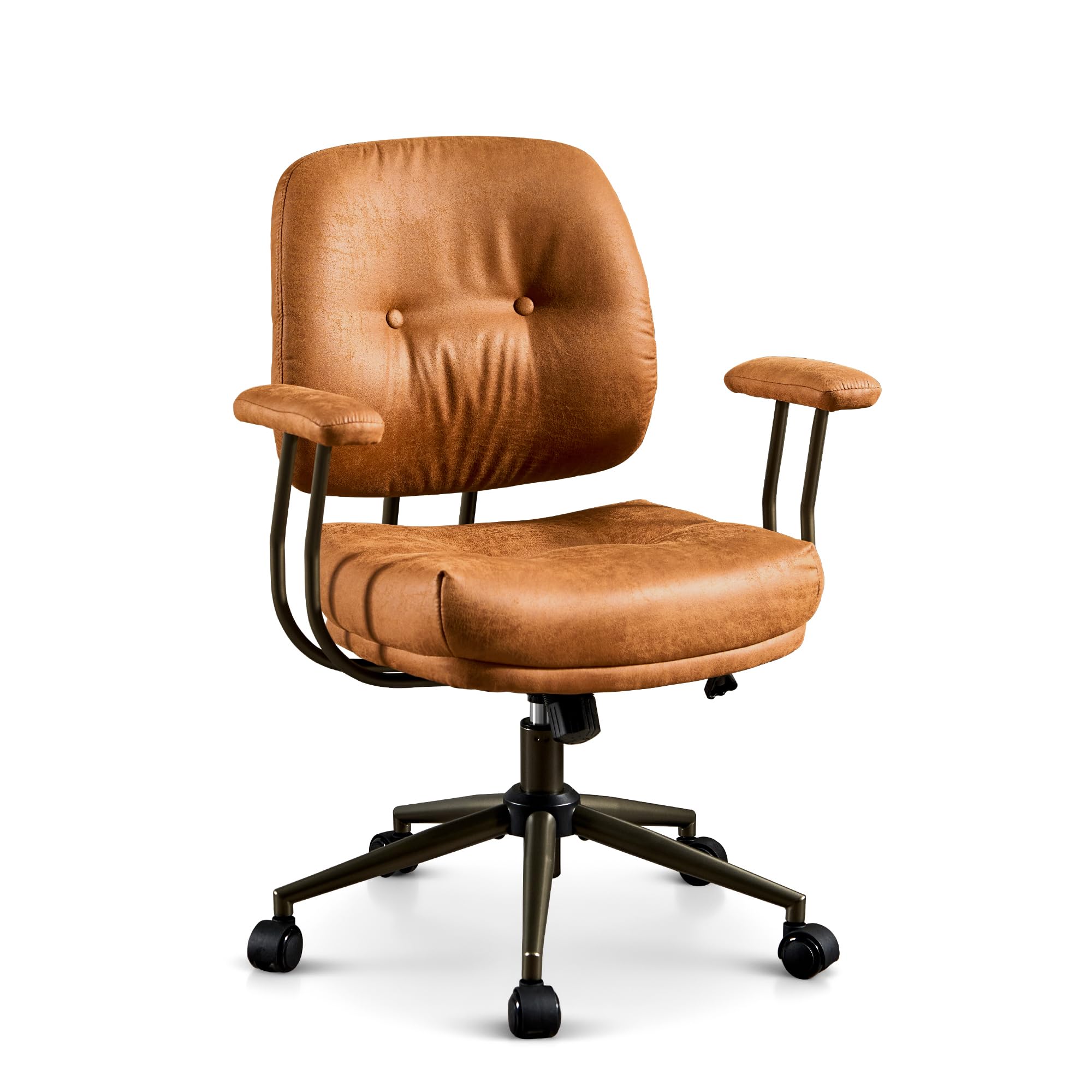 ovios Ergonomic Office Chair, Mid Back Faux Leather Executive Chairs with Armrests, Comfy Mid-Century Modern Swivel Rolling Computer Armchair (Brown, Suede Leather)