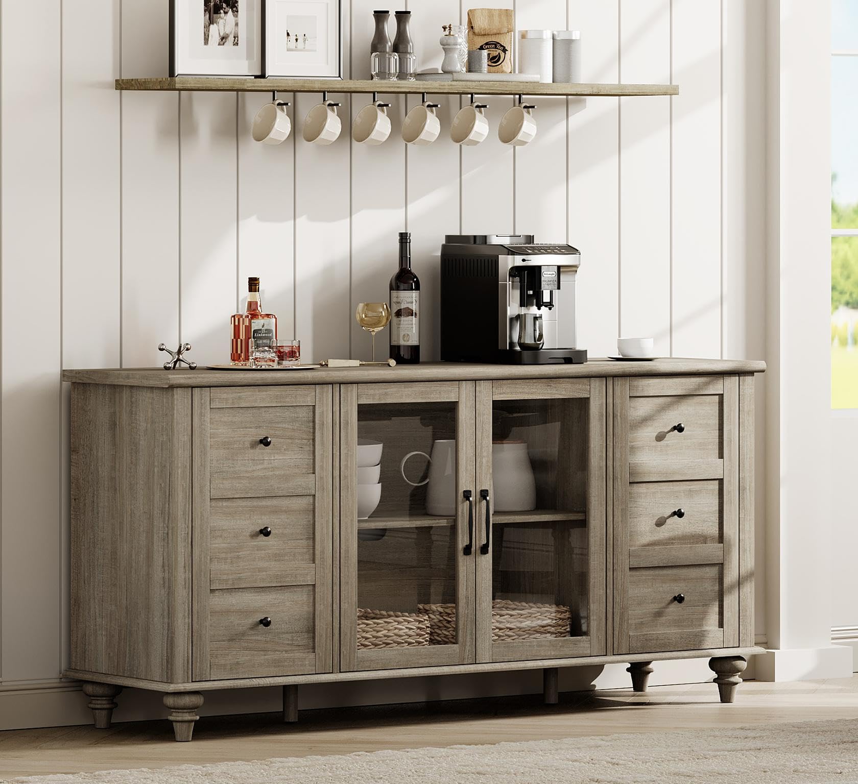 WAMPAT Farmhouse Sideboard Buffet Cabinet with Glass Door & Adjustable Shelf, Wooden Coffee Bar Table with Solid Wood Leg, Kitchen Storage Cabinet for Dining Room, Oak, 58 Inch