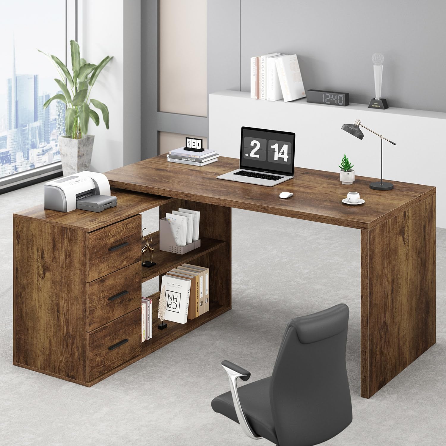 HSH L Shaped Desk with Storage Drawers Shelves, Large Corner Computer Table in Home Office, Industrial Wood Desk for Executive Writing Work Study, Rustic Oak, 55 Inch